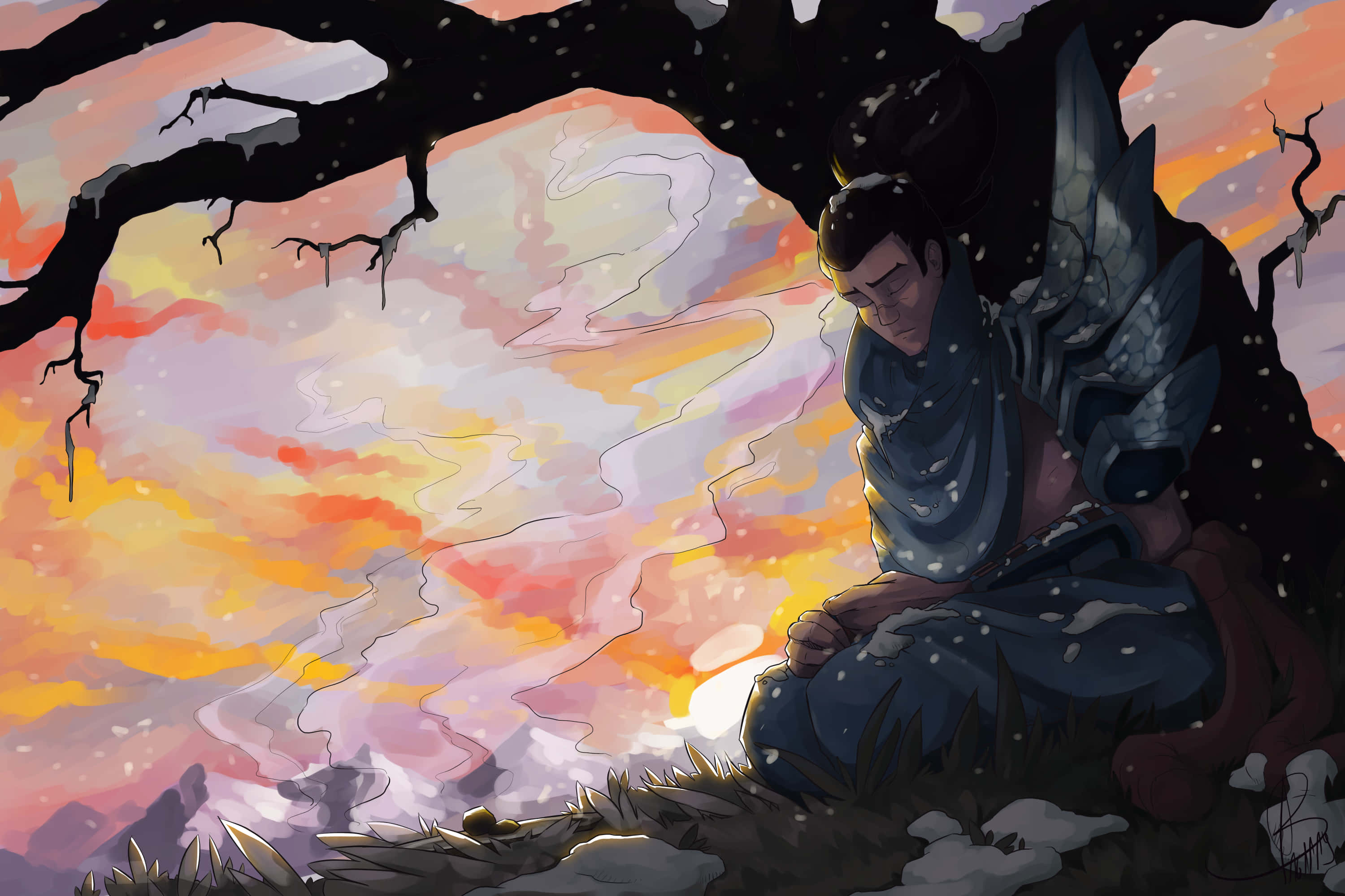 grief 桌布 壁紙 — 一個孤獨的裝甲戰士跪在一棵扭曲的樹下，雪花在熾熱的日落天空下飄落。