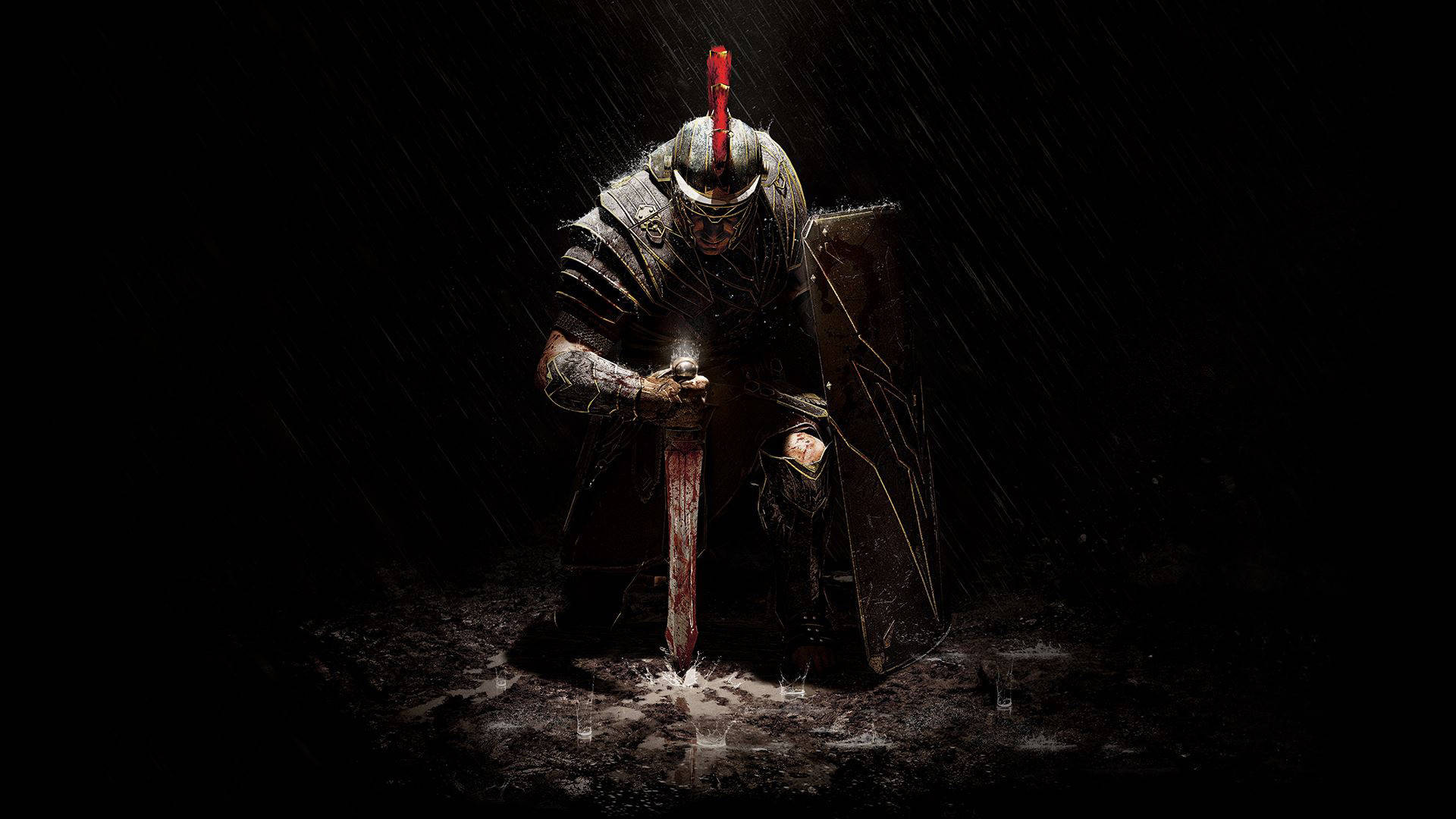 rome 2 桌布 壁紙 — 一個孤獨的裝甲戰士跪在雨中，在戲劇性的聚光燈下握著一把血淋淋的劍。