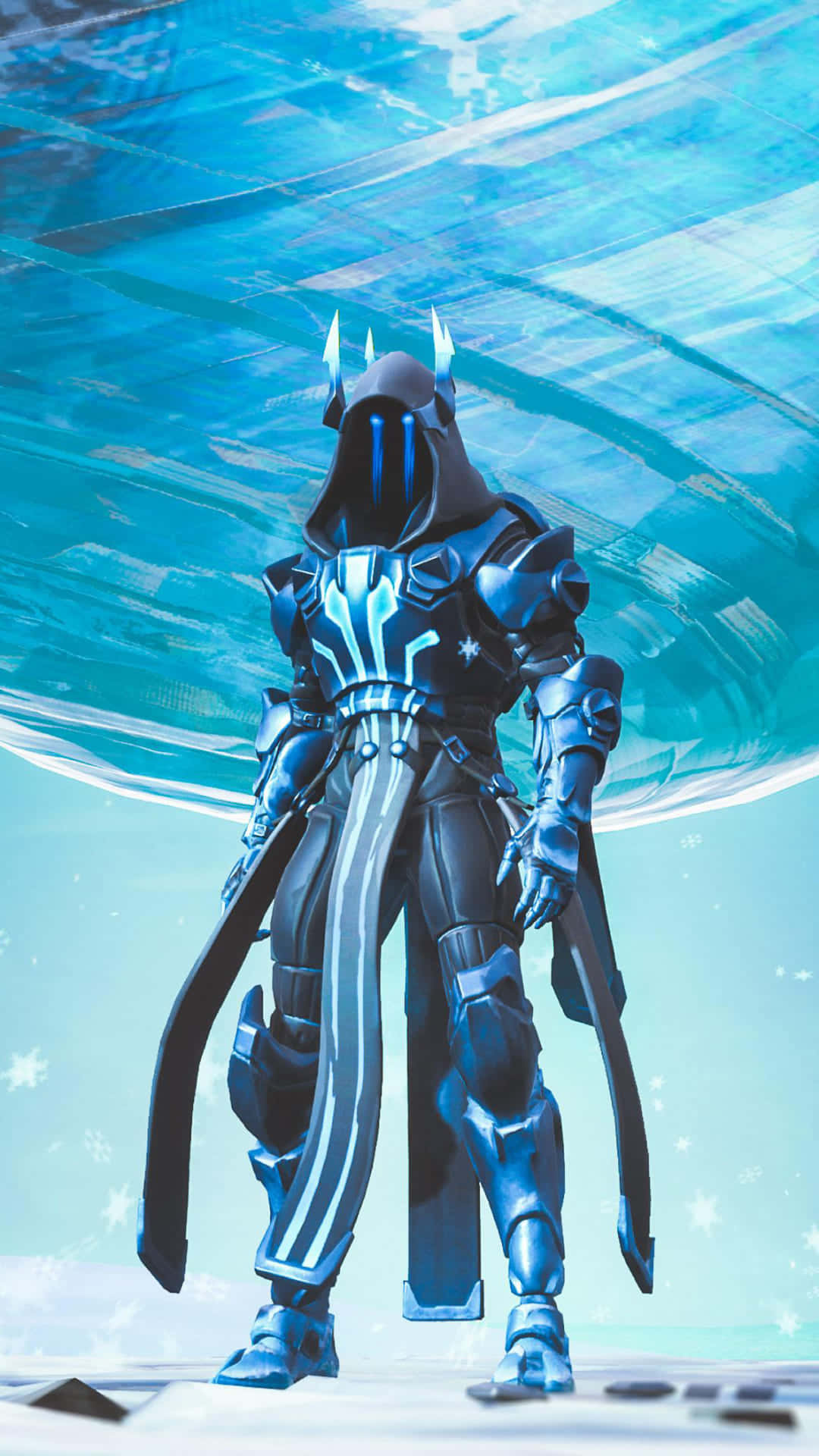 Fortnite 桌布 壁紙 — 一個孤獨的裝甲戰士身穿藍黑色盔甲，站在一個冰凍的未來主義景觀中旋轉的冰穹下。
