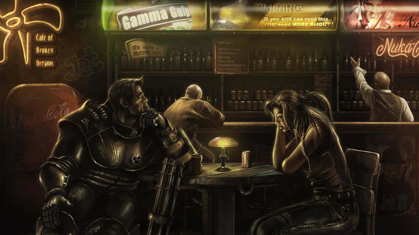 Fallout Enclave 桌布 壁紙 — 一個孤獨的裝甲男人和一個疲憊的女人坐在一個昏暗的酒吧裡，背景是後末日設定，周圍環繞著發光的霓虹燈標誌和復古廣告。