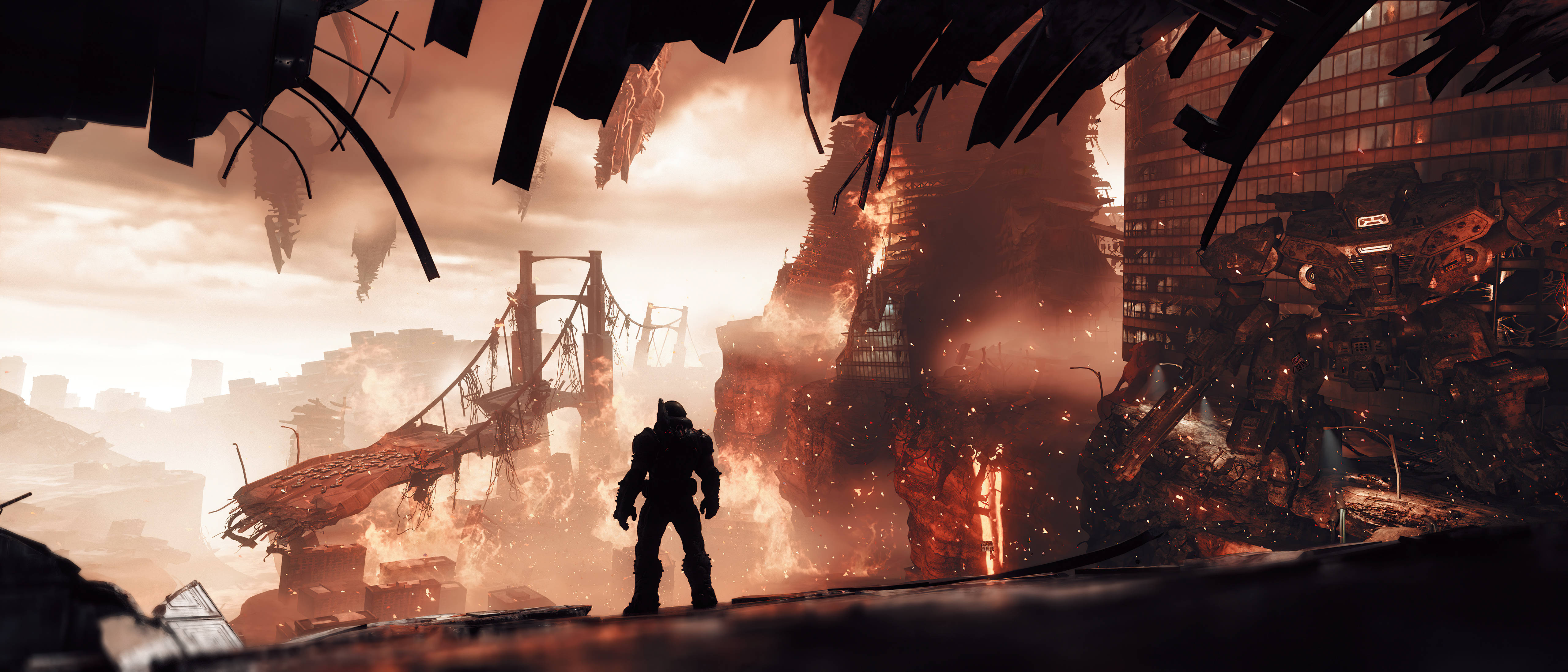 Doomguy 桌布 壁紙 — 一個孤獨的裝甲身影在熾熱的廢墟城市景觀中，在發光的橙色天空下形成剪影。