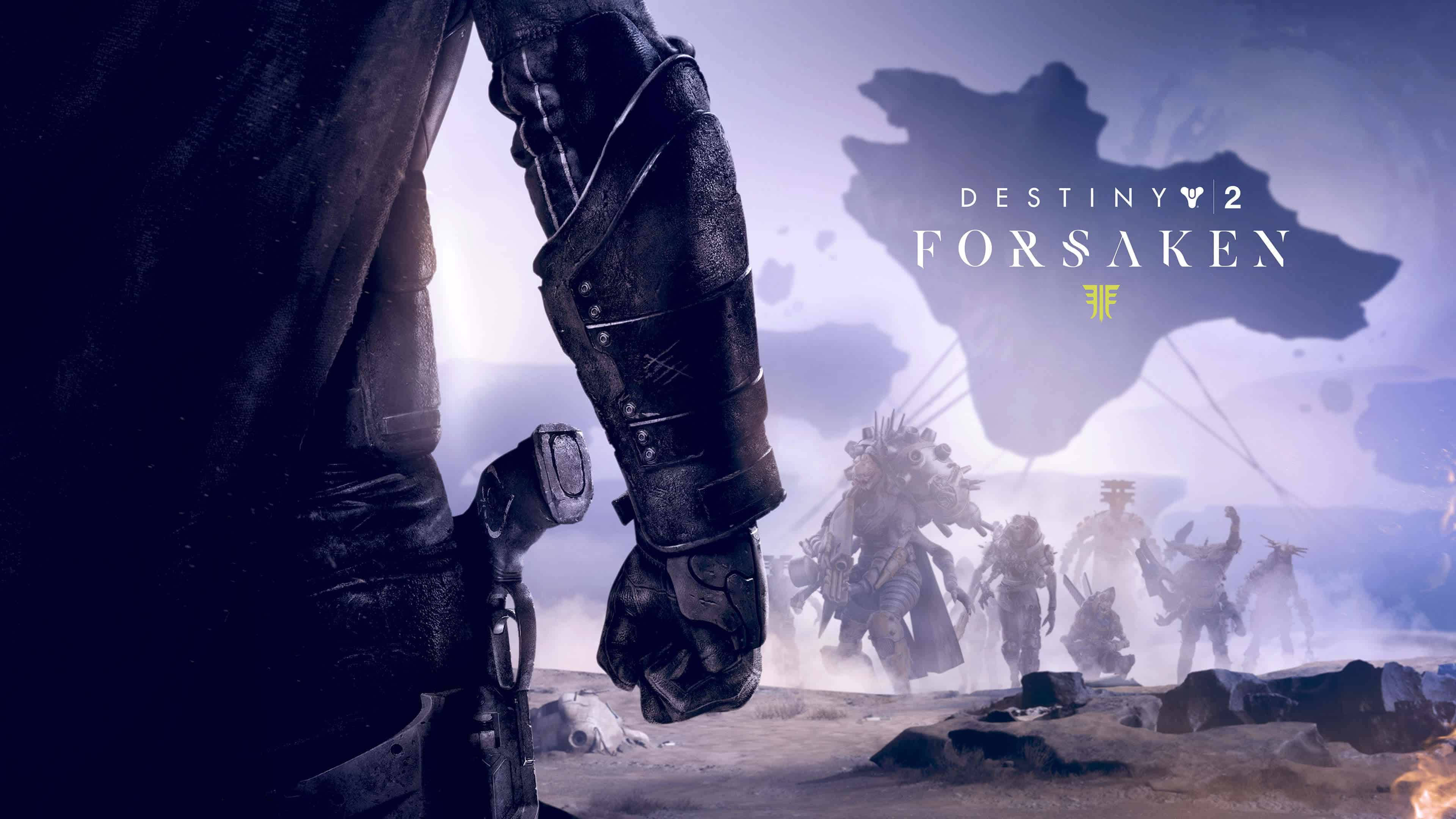 天命2 桌布 壁紙 — 一個孤獨的裝甲身影在陰影外星戰士和發光的 Destiny 2 Forsaken 擴展地圖背景下挑釁地站立。