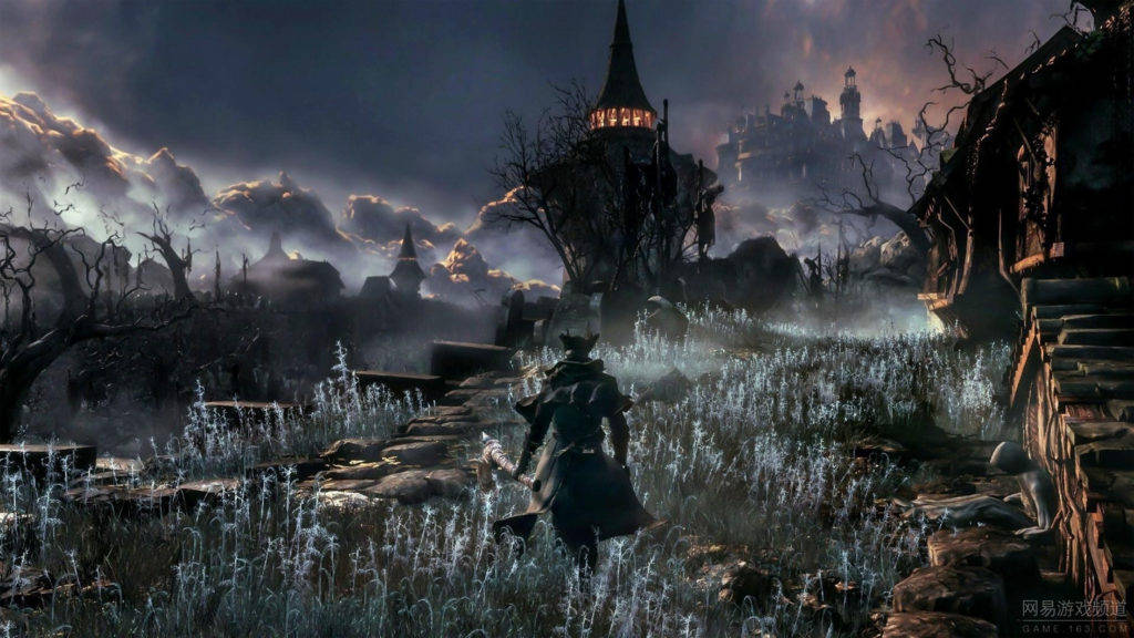 dark souls 4K 桌布 壁紙 — 一個孤獨的裝甲身影穿過發光的草地，走向一座鬧鬼的城堡，背景是暴風雨黃昏的天空。
