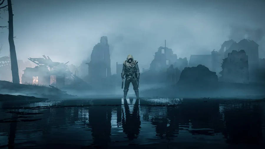 Battlefield 1 HD 桌布 壁紙 — 一個孤獨的裝甲身影站在淺水中，面前是廢墟建築，天空灰濛濛的。