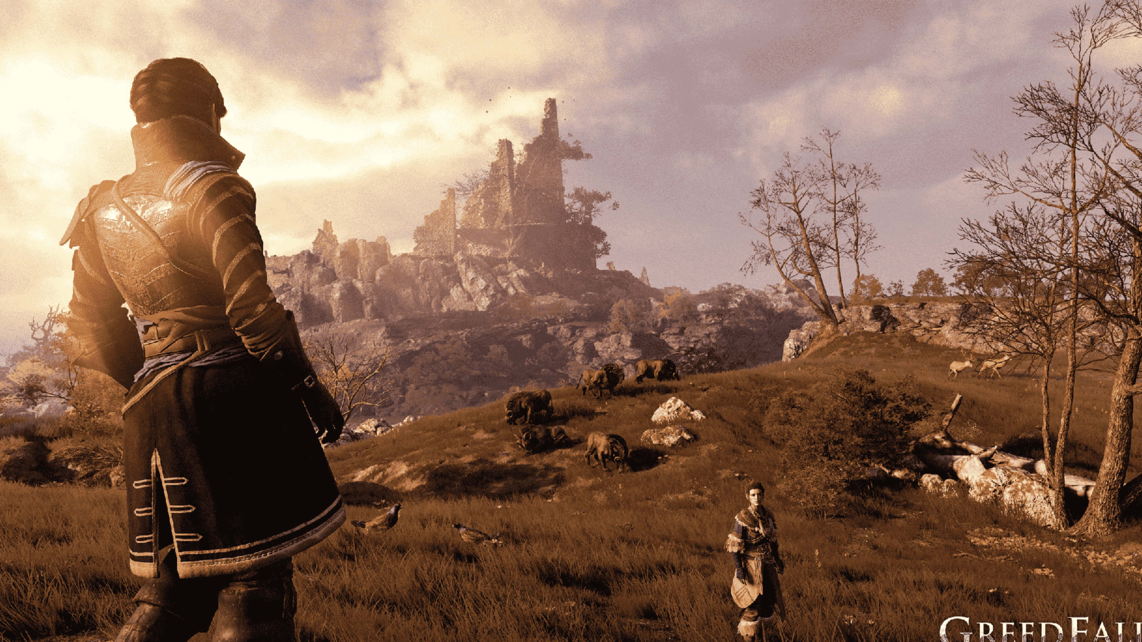 Greedfall 桌布 壁紙 — 一個孤獨的裝甲身影站在陽光照耀的田野上，凝視著遠處的廢墟城堡，附近有牛群在吃草。