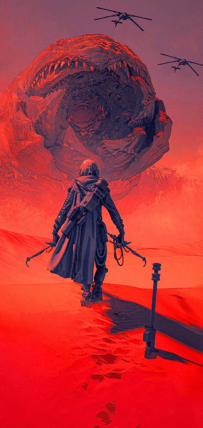 Dune 2021 桌布 壁紙 — 一個孤獨的裝甲身影走過深紅色的沙漠，朝著一個巨大的怪獸行星前進，頭頂有直升機飛過。