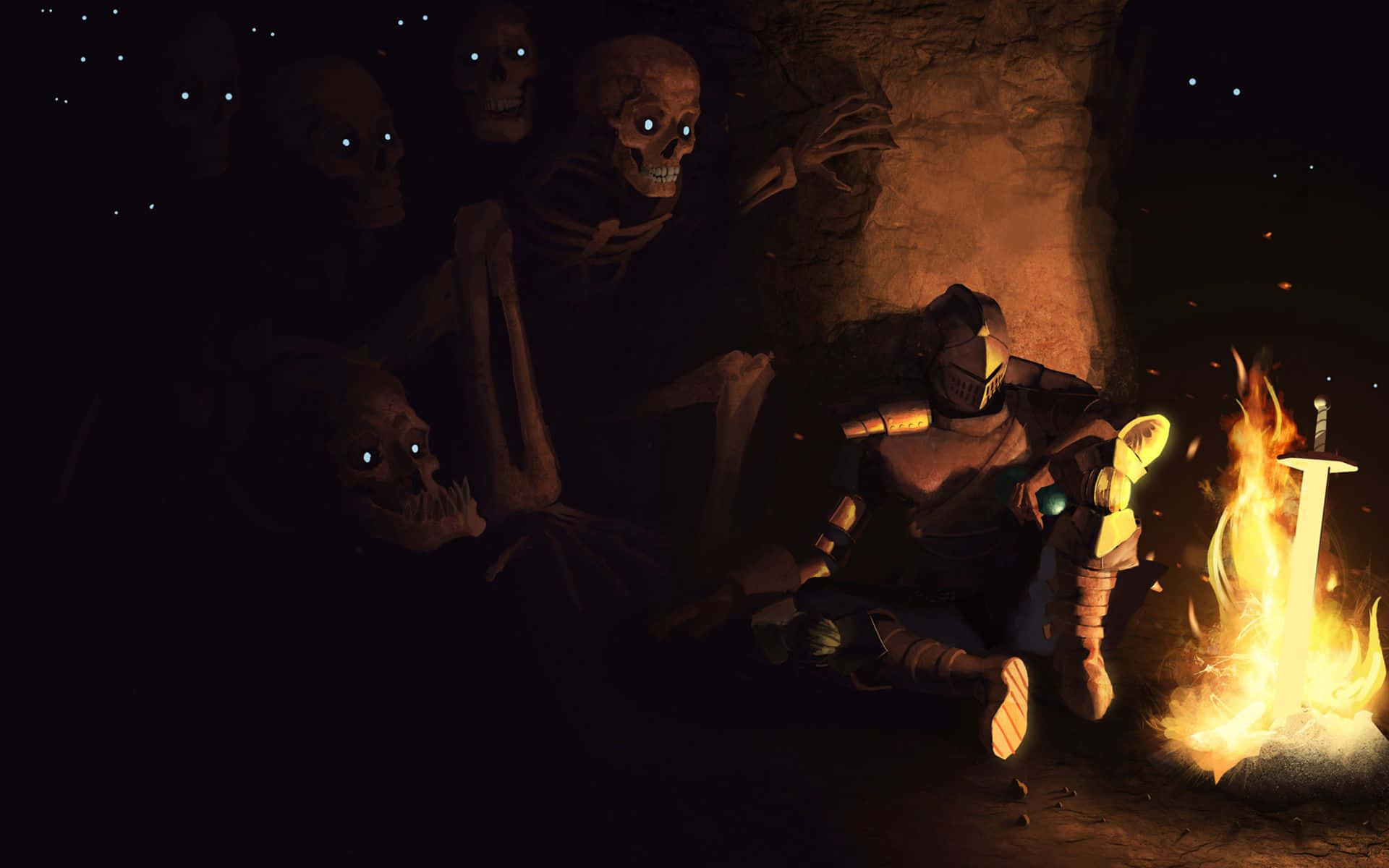 Dark Souls Bonfire 桌布 壁紙 — 一個孤獨的裝甲騎士坐在黑暗洞穴的營火旁，周圍環繞著發光眼睛的骷髏。