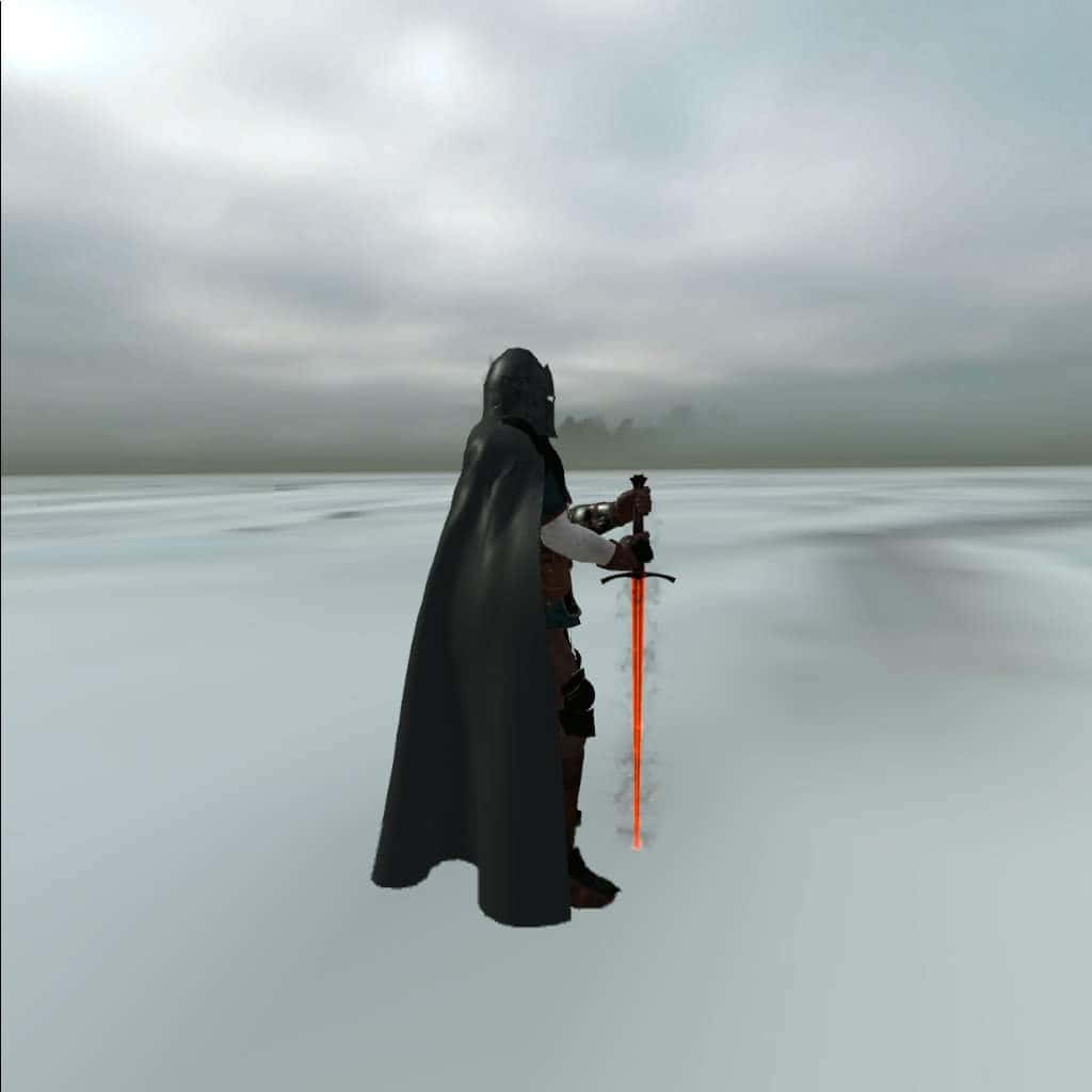 The Black Knight 桌布 壁紙 — 一個孤獨的裝甲騎士披著黑色斗篷，站在雪地荒野中，在陰天之下手持一把發光的橙色劍。