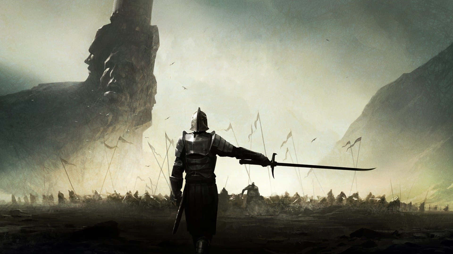 武士動畫 桌布 壁紙 — 一個孤獨的裝甲騎士拔出劍，面對一個巨大的石臉，戰場上遠處有士兵和旗幟。