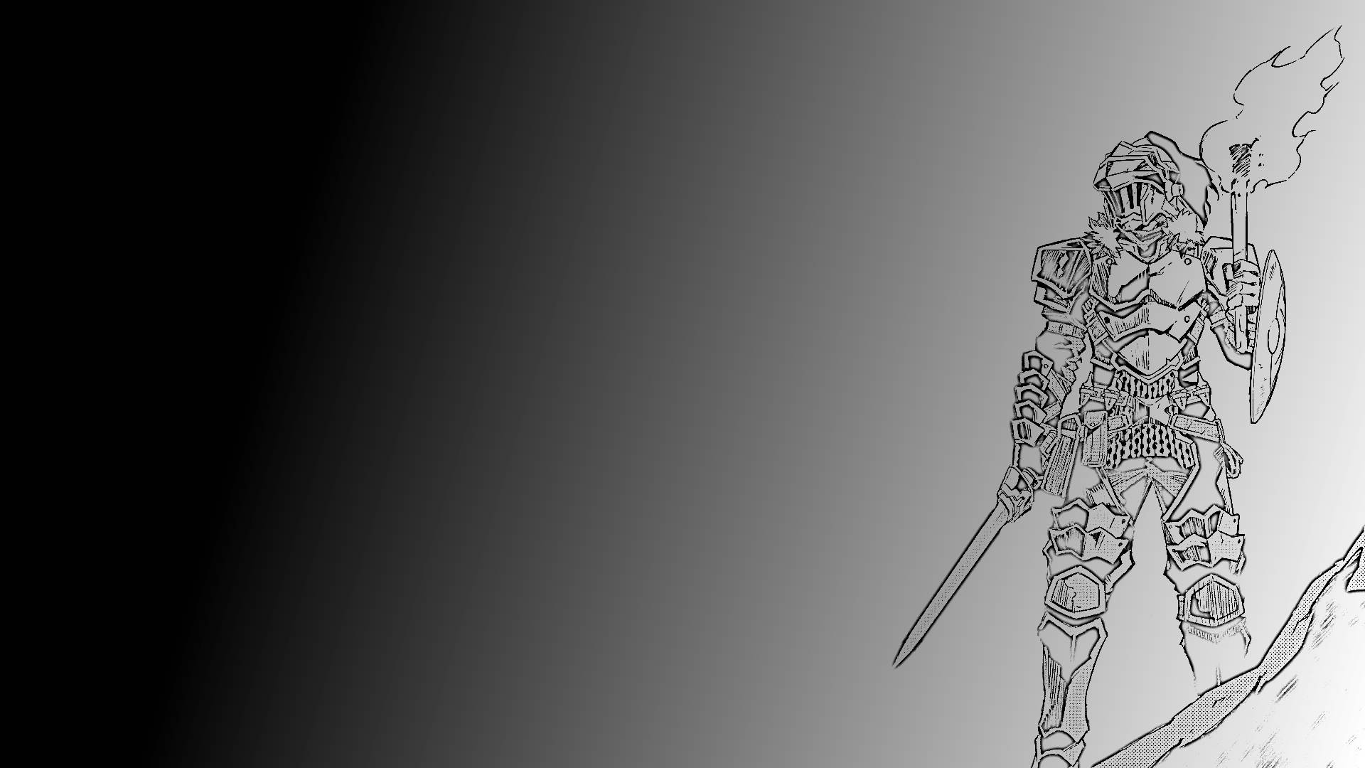 Goblin Slayer 桌布 壁紙 — 一個孤獨的裝甲騎士站在懸崖邊，手持燃燒的火把和劍，背景是鮮明的漸變色。