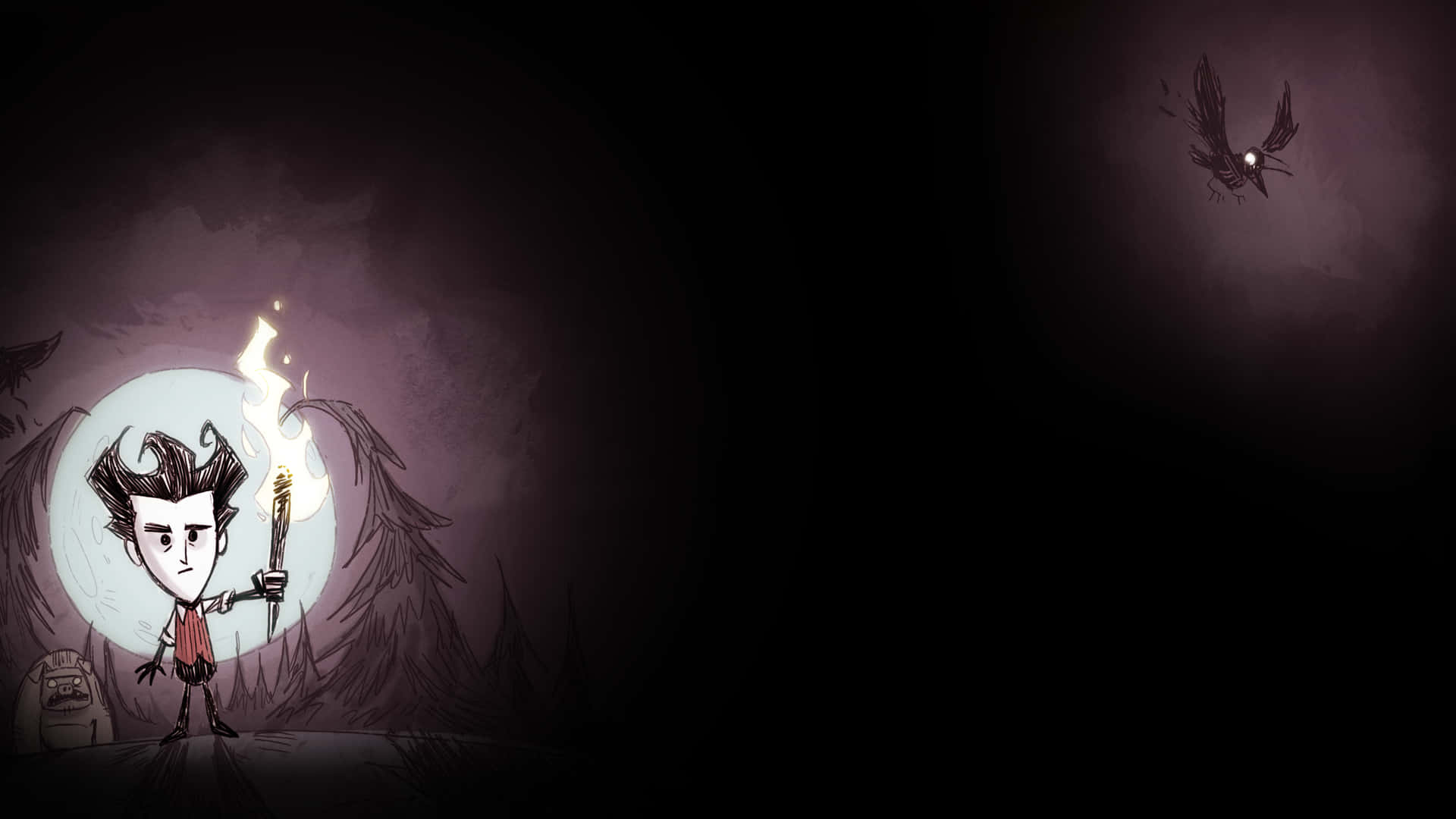 Dont Starve 桌布 壁紙 — 一個孤獨的角色手持火炬，站在黑暗陰森的森林中，面前是一輪發光的月亮，頭頂有鳥飛過。