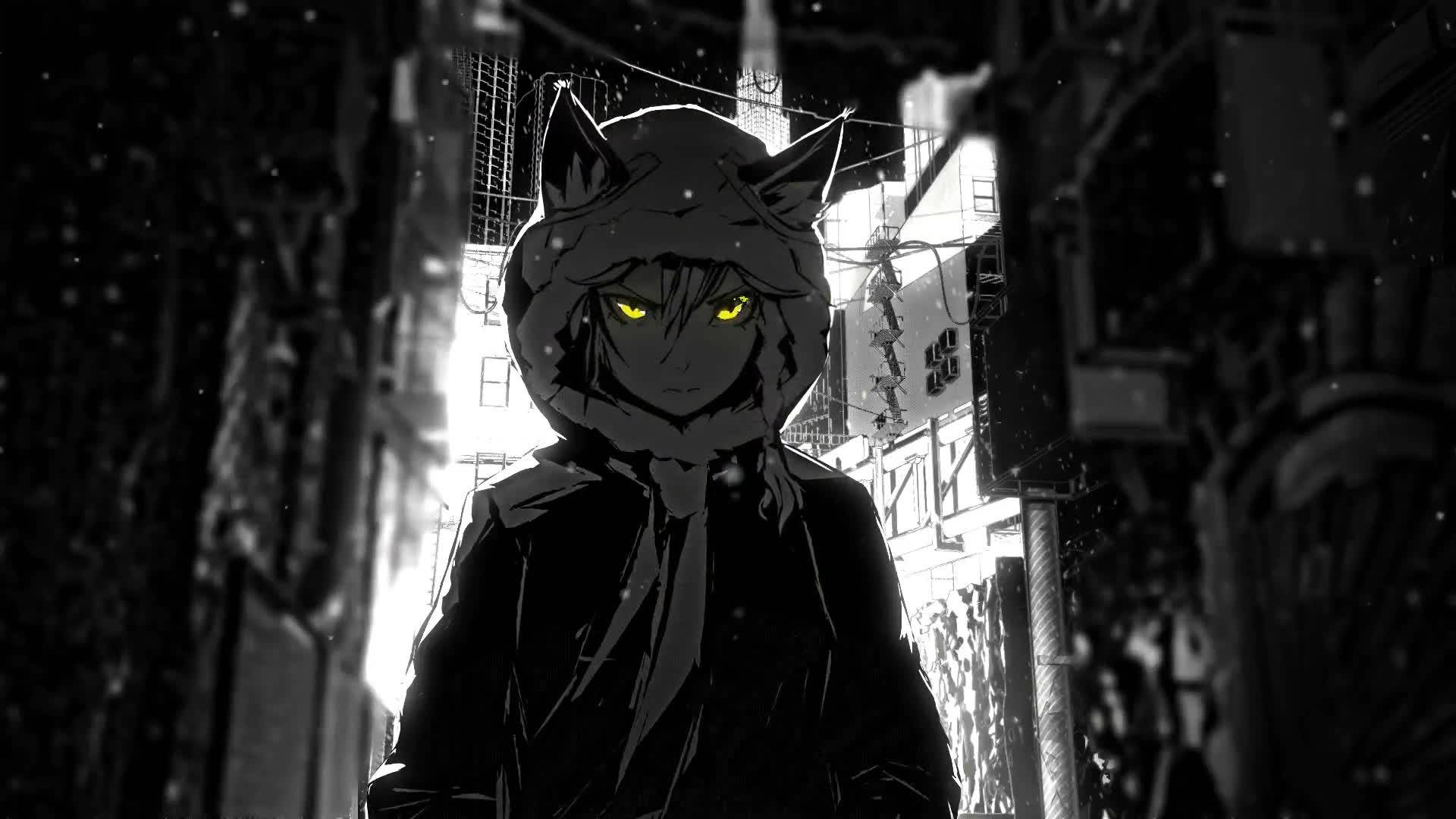 動漫男孩 桌布 壁紙 — 一個孤獨的貓耳動漫角色，擁有發光的黃色眼睛，夜晚站在積雪的城市小巷中。