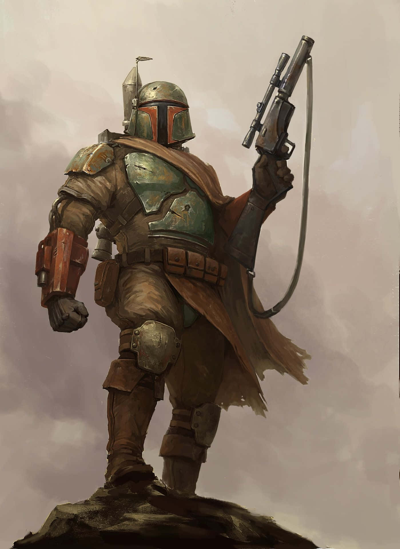 Jango Fett 桌布 壁紙 — 一個孤獨的賞金獵人身穿風化盔甲，站在岩石露頭上，手持爆能步槍，背景是暗淡的天空。