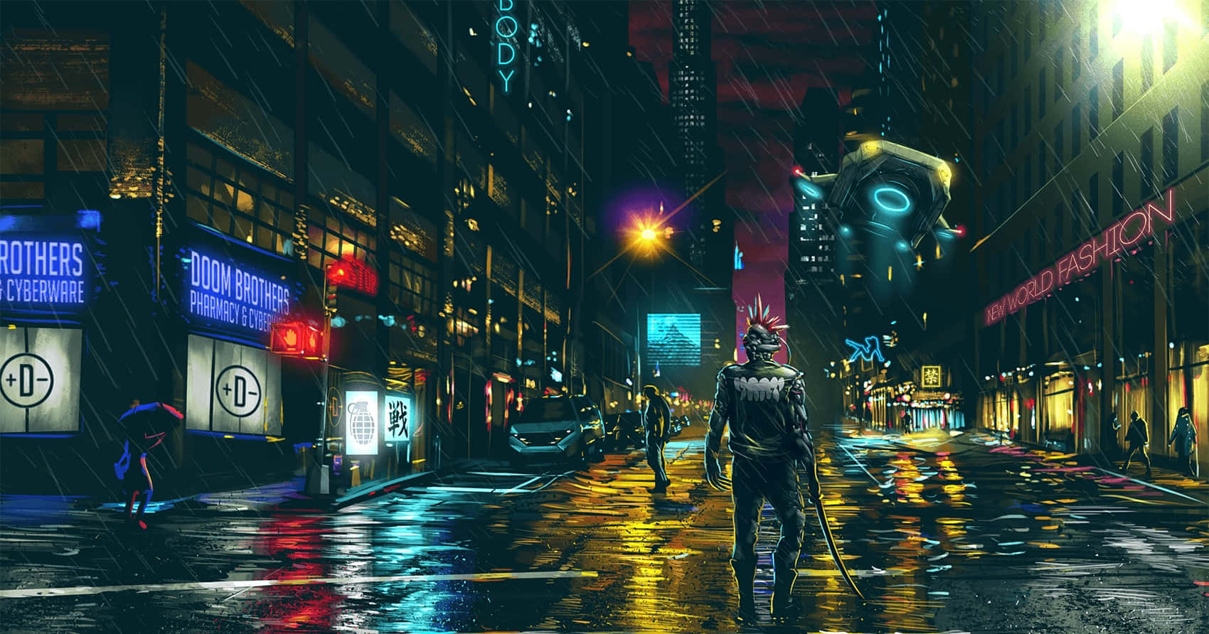 Cyberpunk Laptop 桌布 壁紙 — 一個孤獨的賽博龐克人物在夜晚走過一條被霓虹燈浸透、雨水浸濕的城市街道，周圍有發光的招牌和飛行車輛。