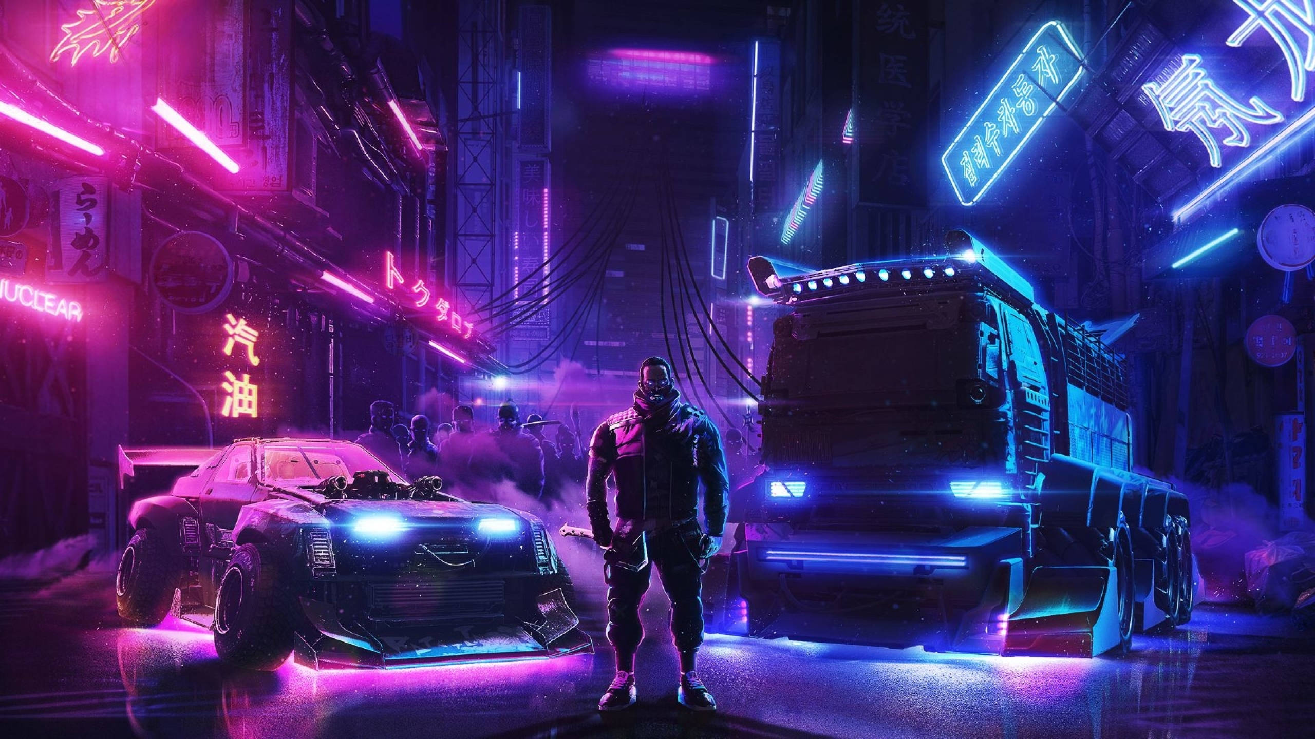 電馭叛客2077 桌布 壁紙 — 一個孤獨的賽博龐克人物站在發光的霓虹燈汽車之間，在一條被雨水浸濕的未來城市小巷中。