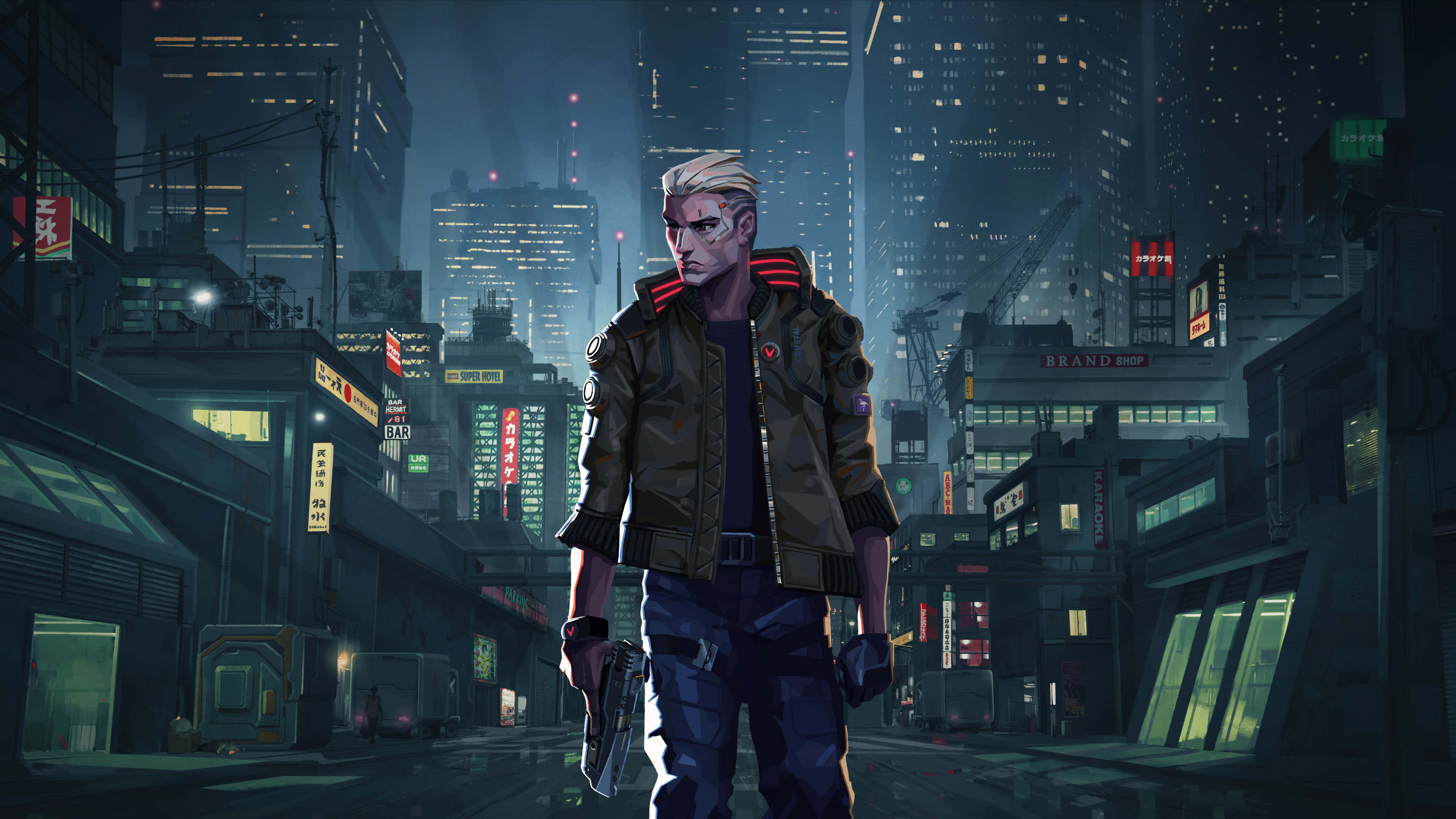 Cyberpunk Night City 桌布 壁紙 — 一個孤獨的賽博龐克戰士，夜晚站在一座高聳的未來城市中，霓虹燈照亮、雨水浸濕的小巷裡。