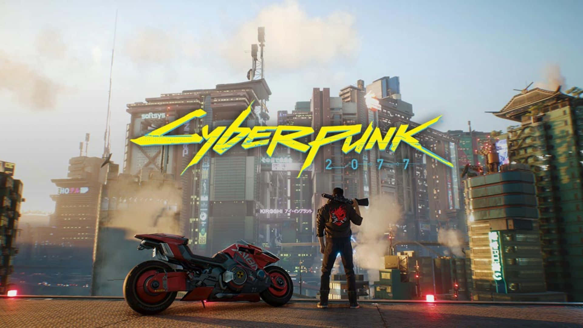 Cyberpunk 2077 Characters 桌布 壁紙 — 一個孤獨的賽博龐克騎士站在一輛紅色機車旁，俯瞰著黎明時分霓虹燈閃爍的未來城市景觀。