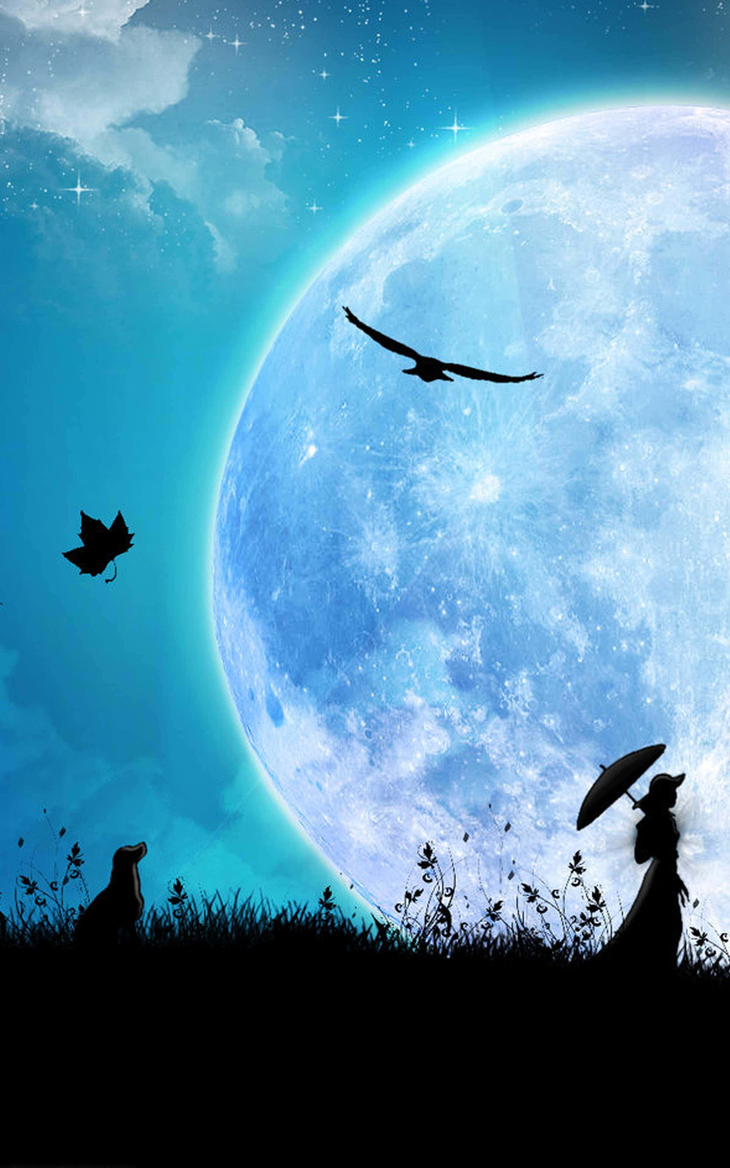 Moonlight 桌布 壁紙 — 一個孤獨的身影，帶著雨傘和一隻狗，在巨大發光的月亮襯托下形成剪影，附近有鳥和樹葉飛翔。