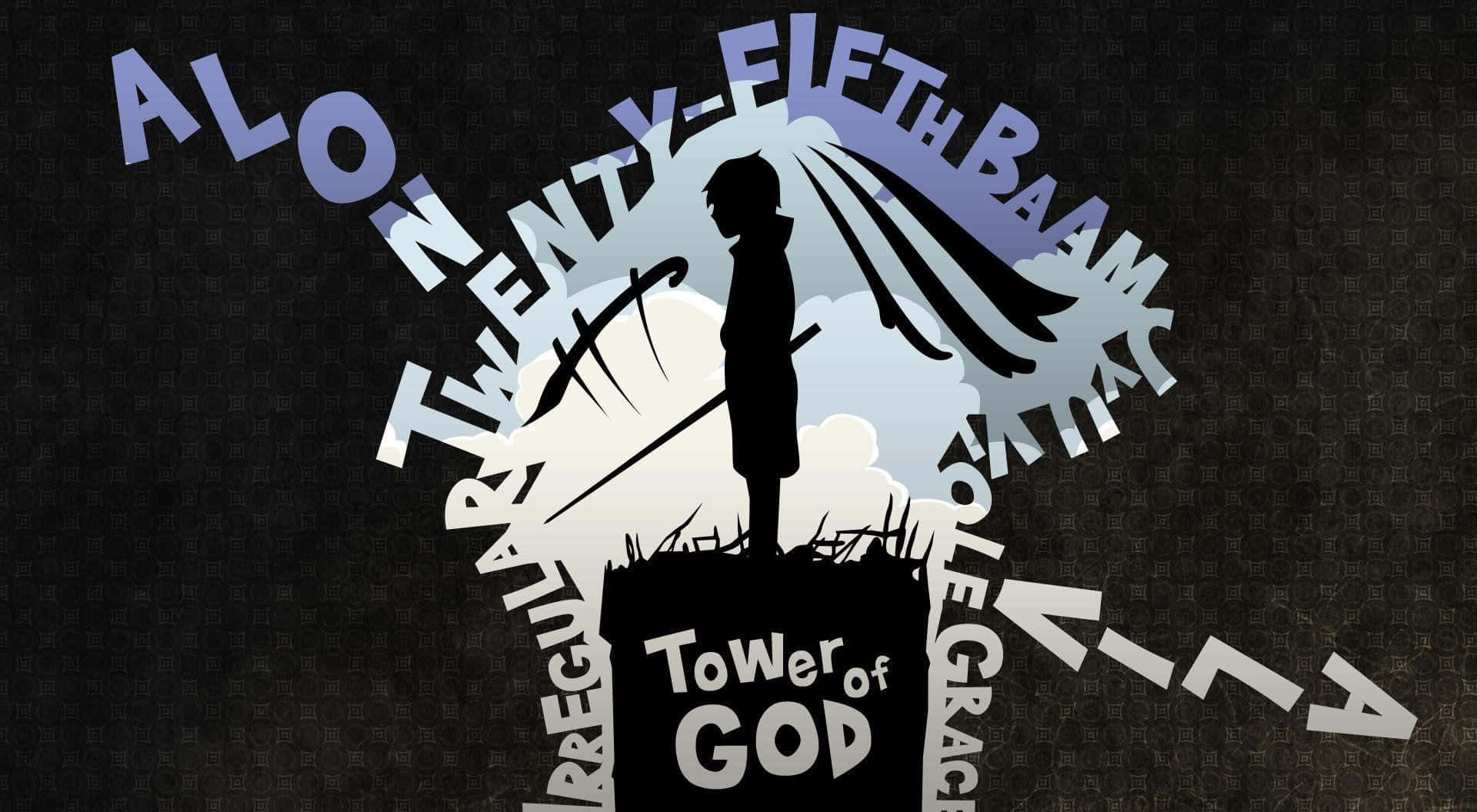 神之塔 桌布 壁紙 — 一個孤獨的身影，披著飄逸的斗篷，站在標有「Tower of God」的塔頂，背景是深色紋理和風格化文字。