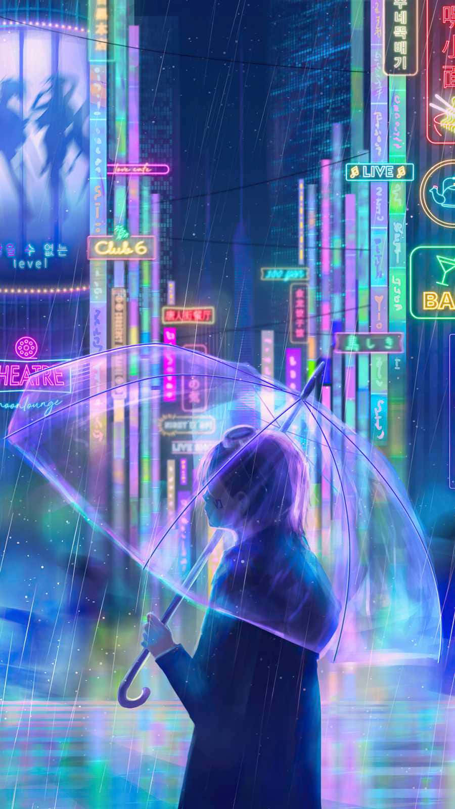 動漫 桌布 壁紙 — 一個孤獨的身影，紫色頭髮，在賽博龐克城市景觀中，霓虹雨下撐著發光的雨傘。