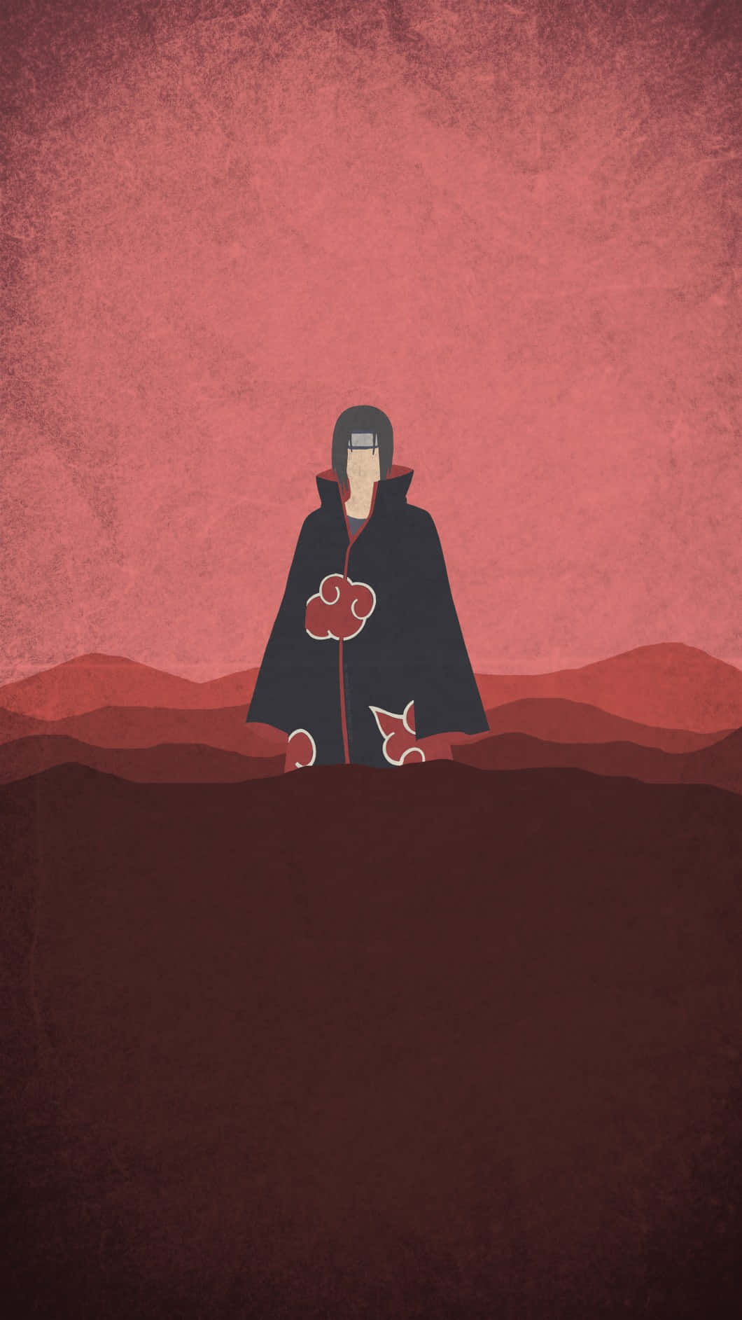 Uchiha iPhone 桌布 壁紙 — 一個孤獨的身影，身穿帶有紅雲的黑色斗篷，站在一片荒蕪的紅色景觀之上，天空是帶有紋理的深紅色。
