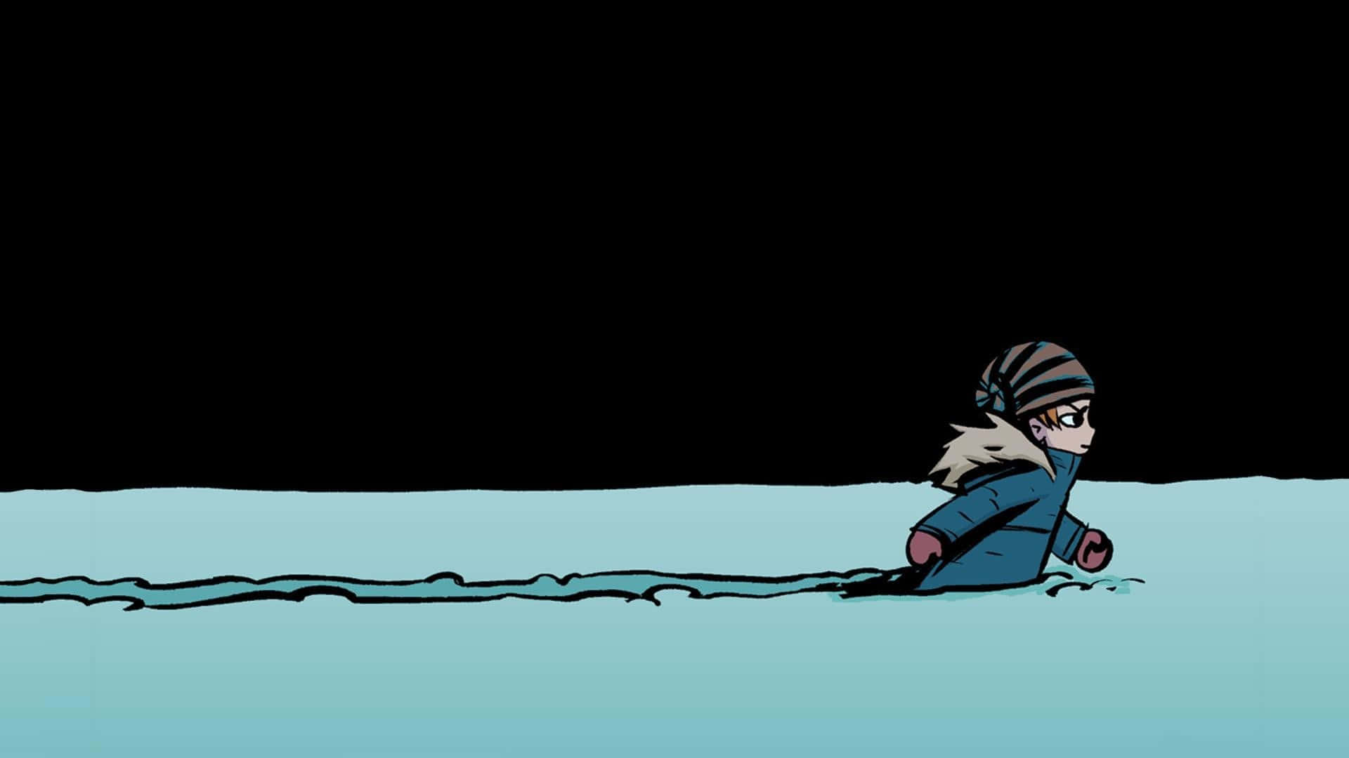 scott pilgrim 桌布 壁紙 — 一個孤獨的身影，身穿藍色冬季外套和條紋帽子，在漆黑的背景下涉過淺淺的冰冷海水。