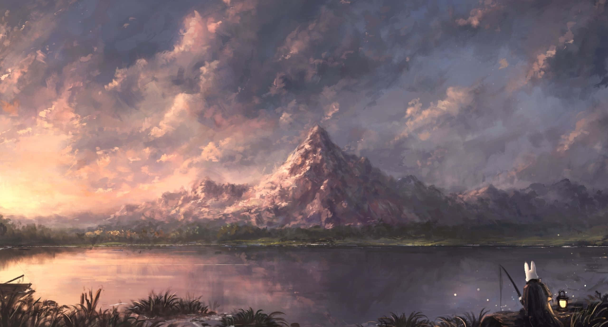 Breathtaking 桌布 壁紙 — 一個孤獨的身影，長著白色的角，在黃昏時分坐在平靜的湖邊，凝視著在戲劇性的粉紅色和紫色天空下雄偉的雪山。