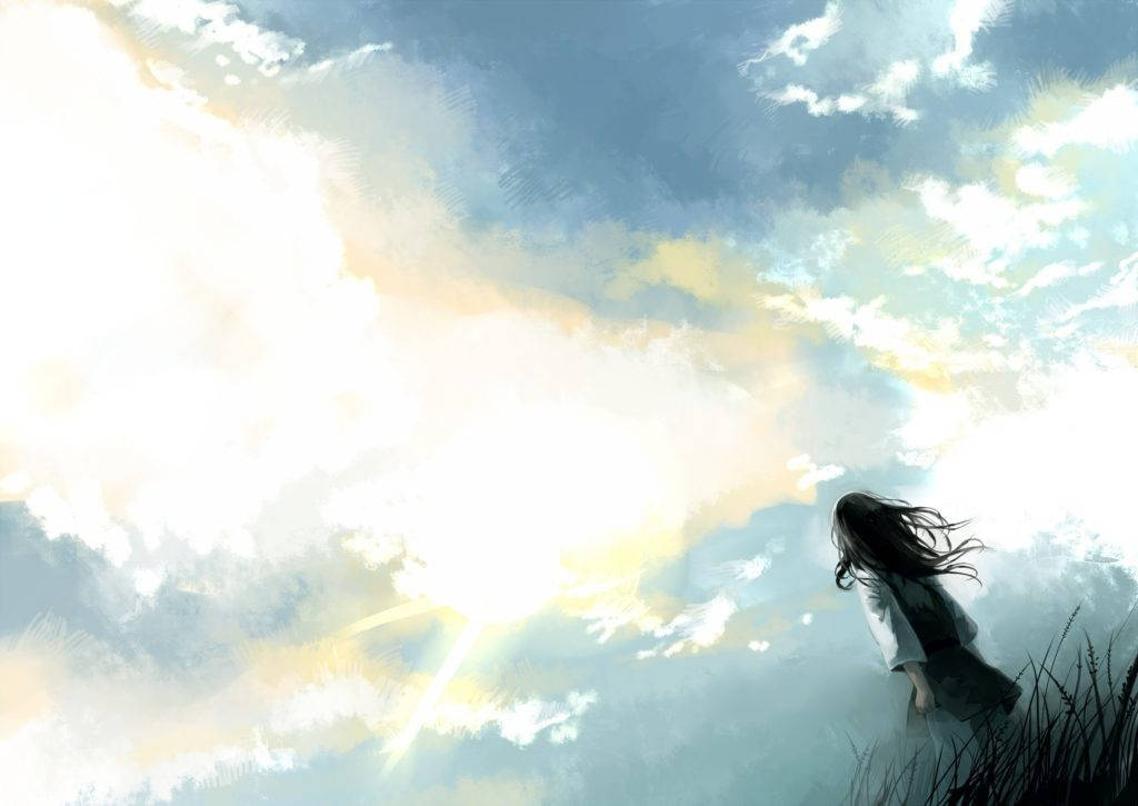 Anime Desktop 桌布 壁紙 — 一個孤獨的身影，頭髮飄逸，站在草地上，仰望滿是柔軟雲朵和燦爛陽光的廣闊天空。