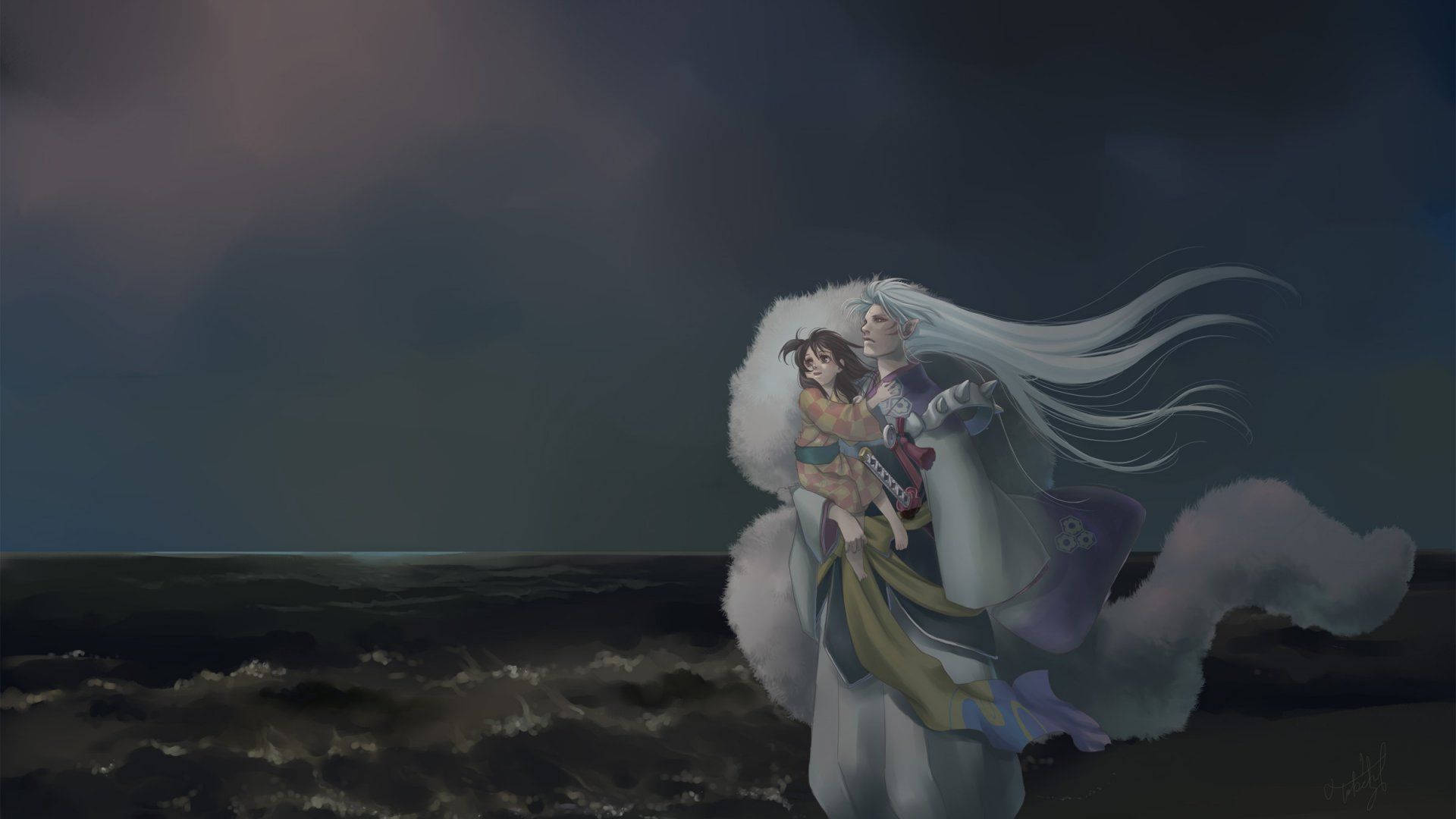 Inuyasha 桌布 壁紙 — 一個孤獨的身影，飄逸的白髮，在黑暗的暮色天空下，抱著一個孩子面對風暴海洋。