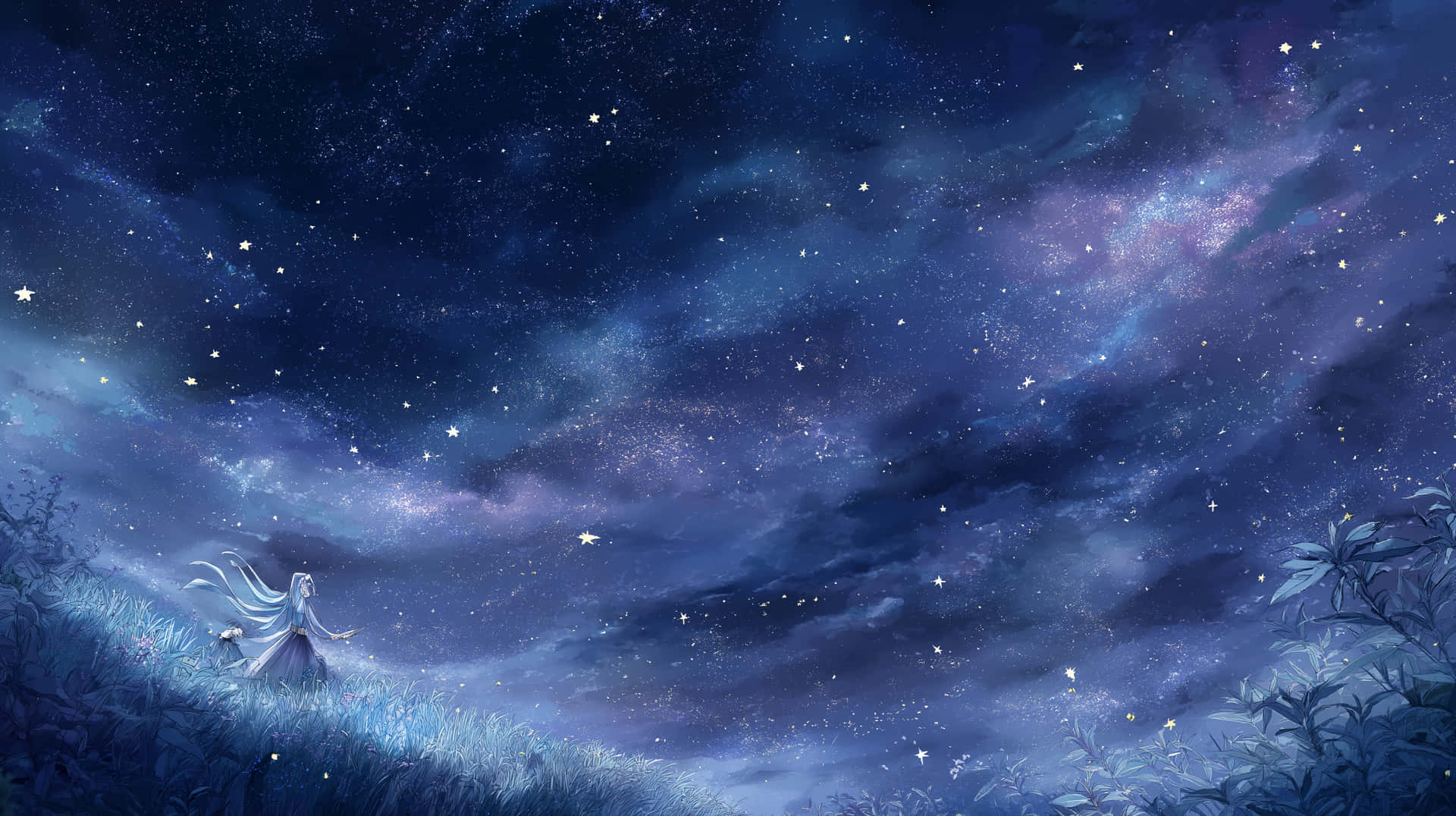 Ethereal Figure in Starlit Meadow Under Milky Way Sky 壁紙 — 一個孤獨的身影，飄逸的白髮，站在長滿草的山丘上，頭頂是廣闊的星空，充滿了宇宙雲和閃爍的星星。