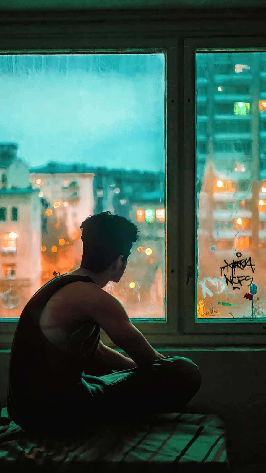 Sad Face 桌布 壁紙 — 一個孤獨的身影以剪影坐在床上，凝視著雨痕斑斑的窗外，夜晚的城市景觀閃爍著光芒。