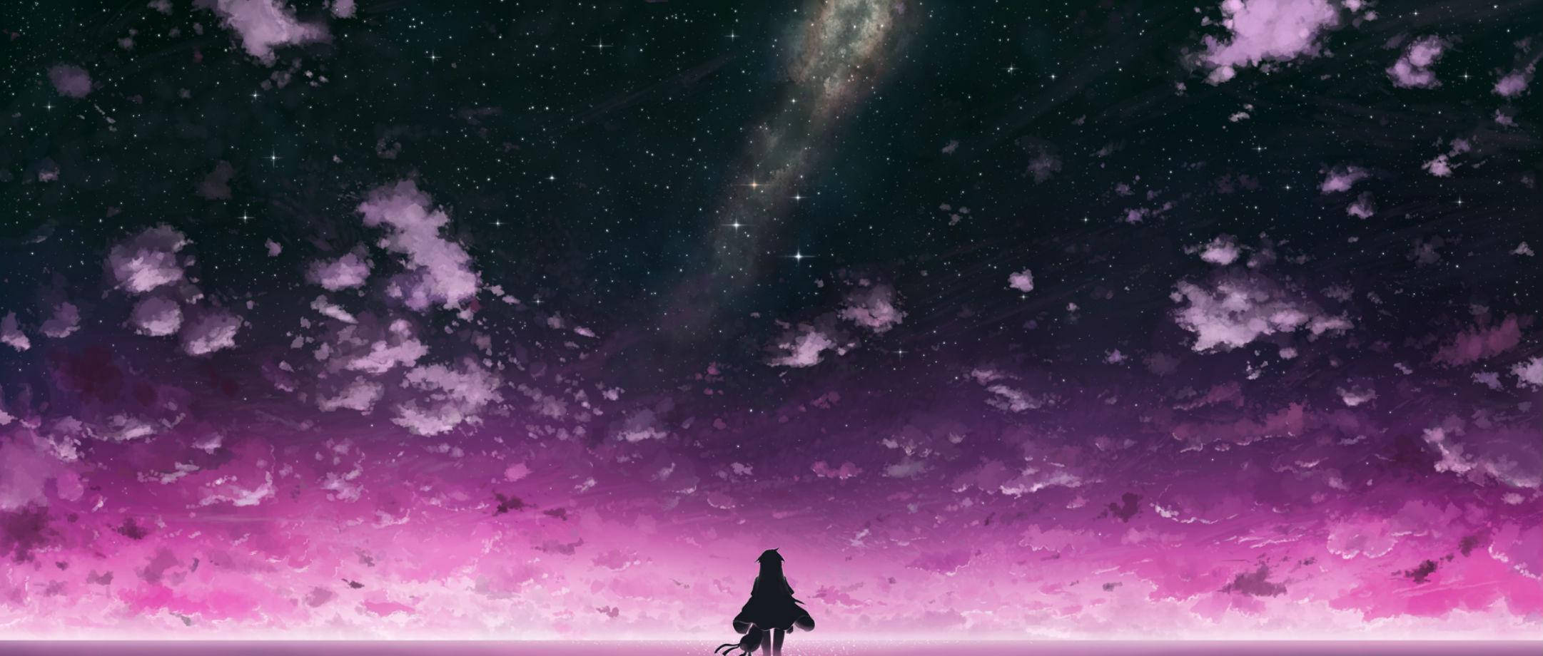 紫色動漫美學 桌布 壁紙 — 一個孤獨的身影以剪影形式站在充滿星星和發光星系的鮮豔粉紅色和紫色天空前。