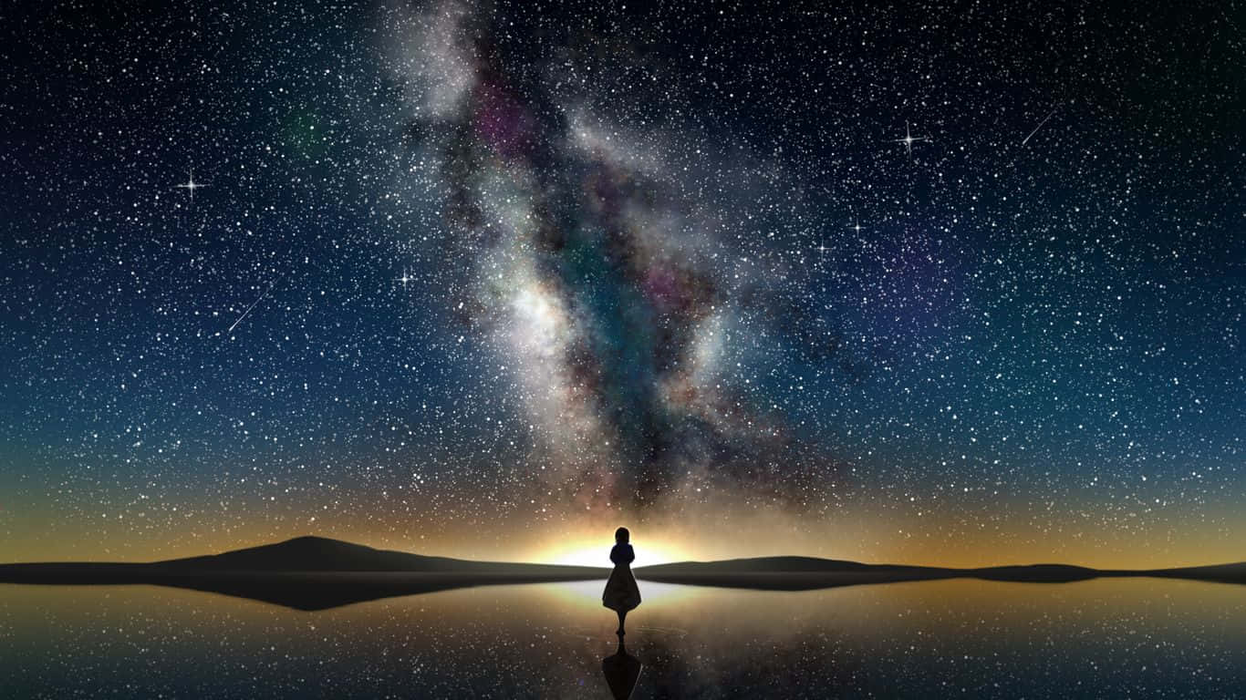1366x768 桌布 壁紙 — 一個孤獨的身影以剪影形式站在水邊，腳下是令人嘆為觀止的星空，壯麗的銀河拱橋橫跨天際。