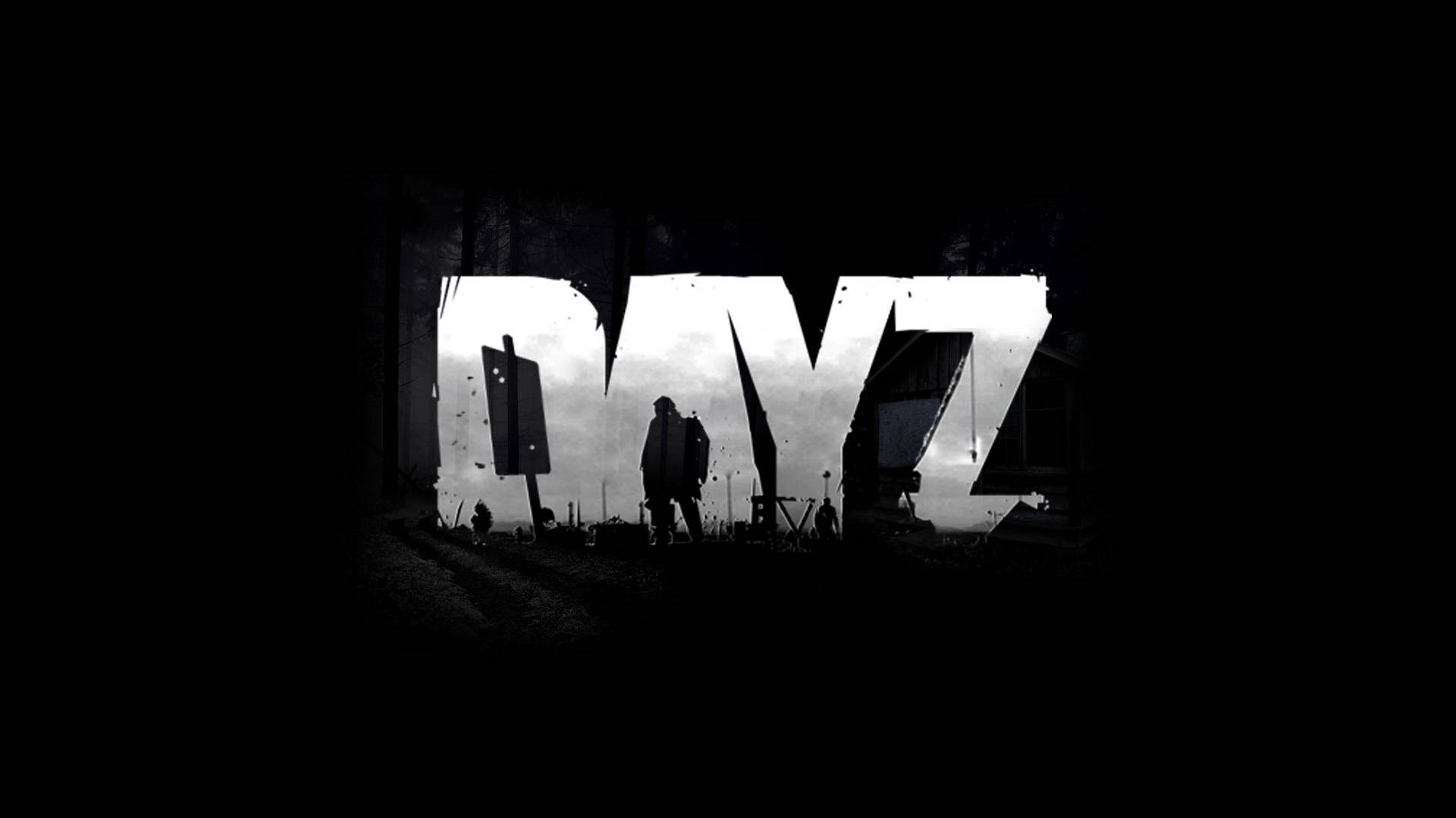DayZ 桌布 壁紙 — 一個孤獨的身影以剪影形式站在黑暗森林荒地中發光的「DAYZ」標題前。