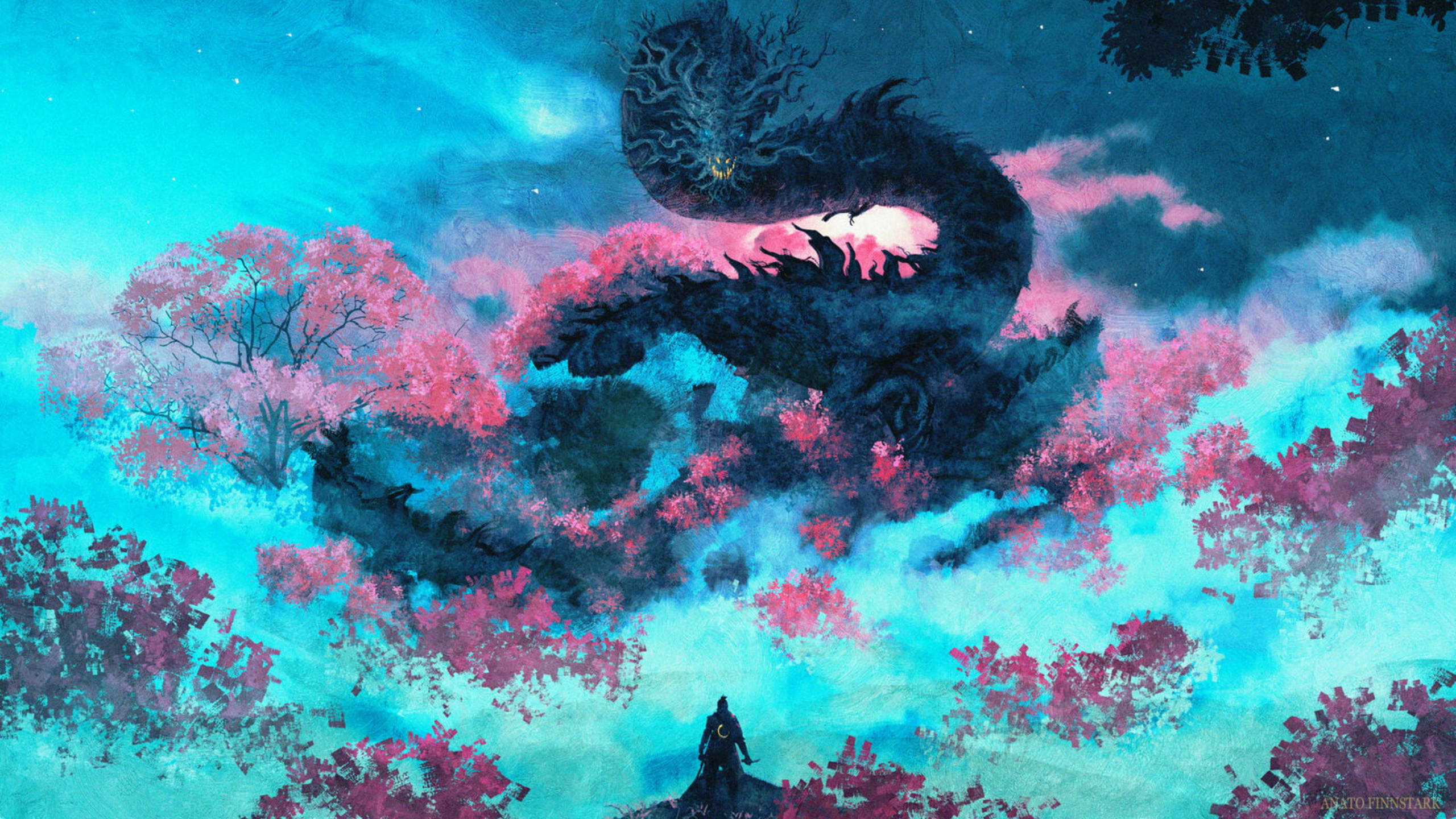 Sekiro 桌布 壁紙 — 一個孤獨的身影仰望一條巨大的黑龍，盤旋在滿是青綠色和粉紅色花朵的天空中。