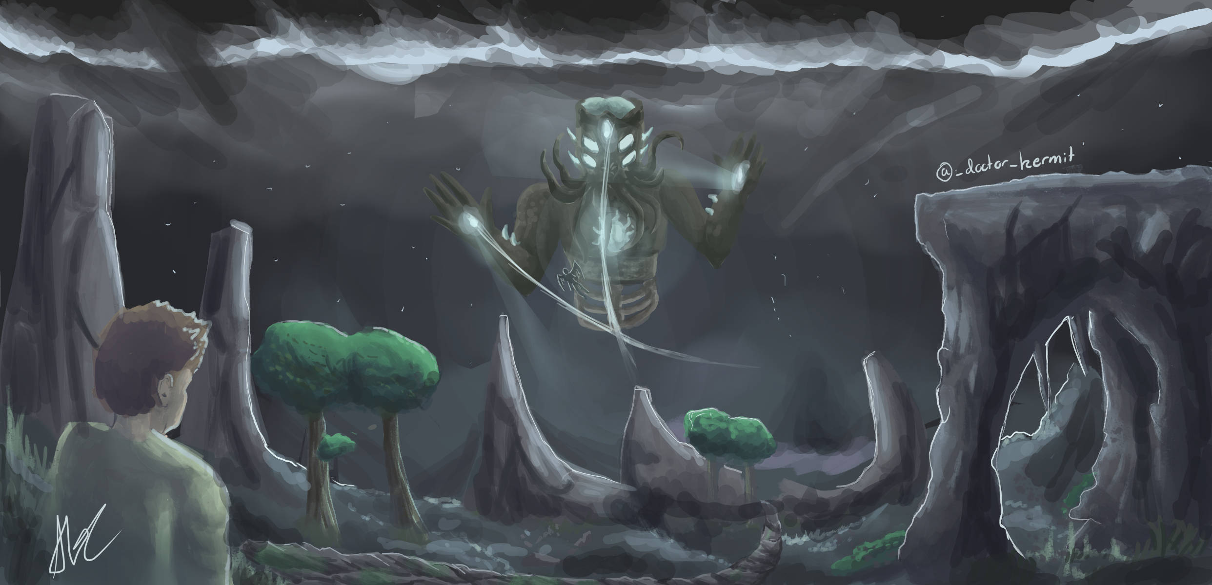 Terraria Moon Lord 桌布 壁紙 — 一個孤獨的身影仰望在扭曲樹木和鋸齒狀岩石層上方，暴風雨般的洞穴天空中盤旋的發光外星實體。