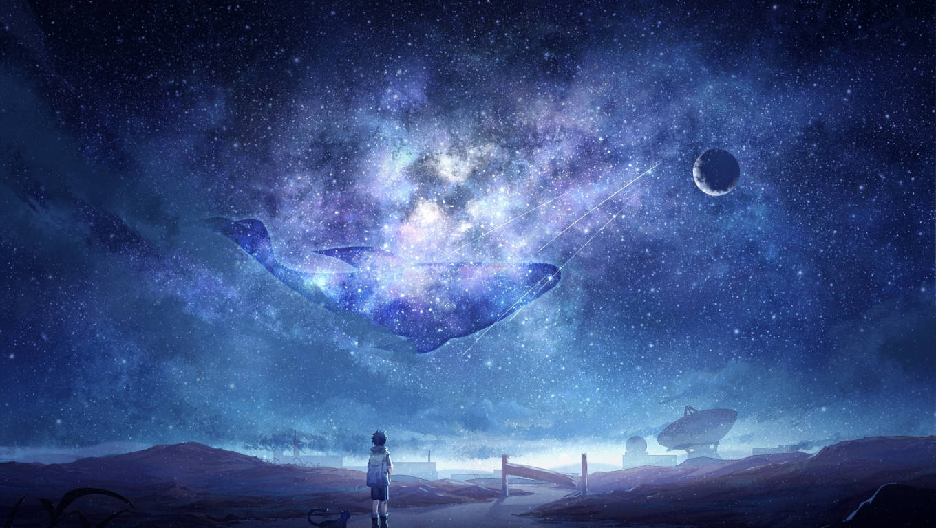 銀河月亮 桌布 壁紙 — 一個孤獨的身影仰望在荒涼外星景觀上空、星光宇宙天空中閃耀的巨大鯨魚形星雲。