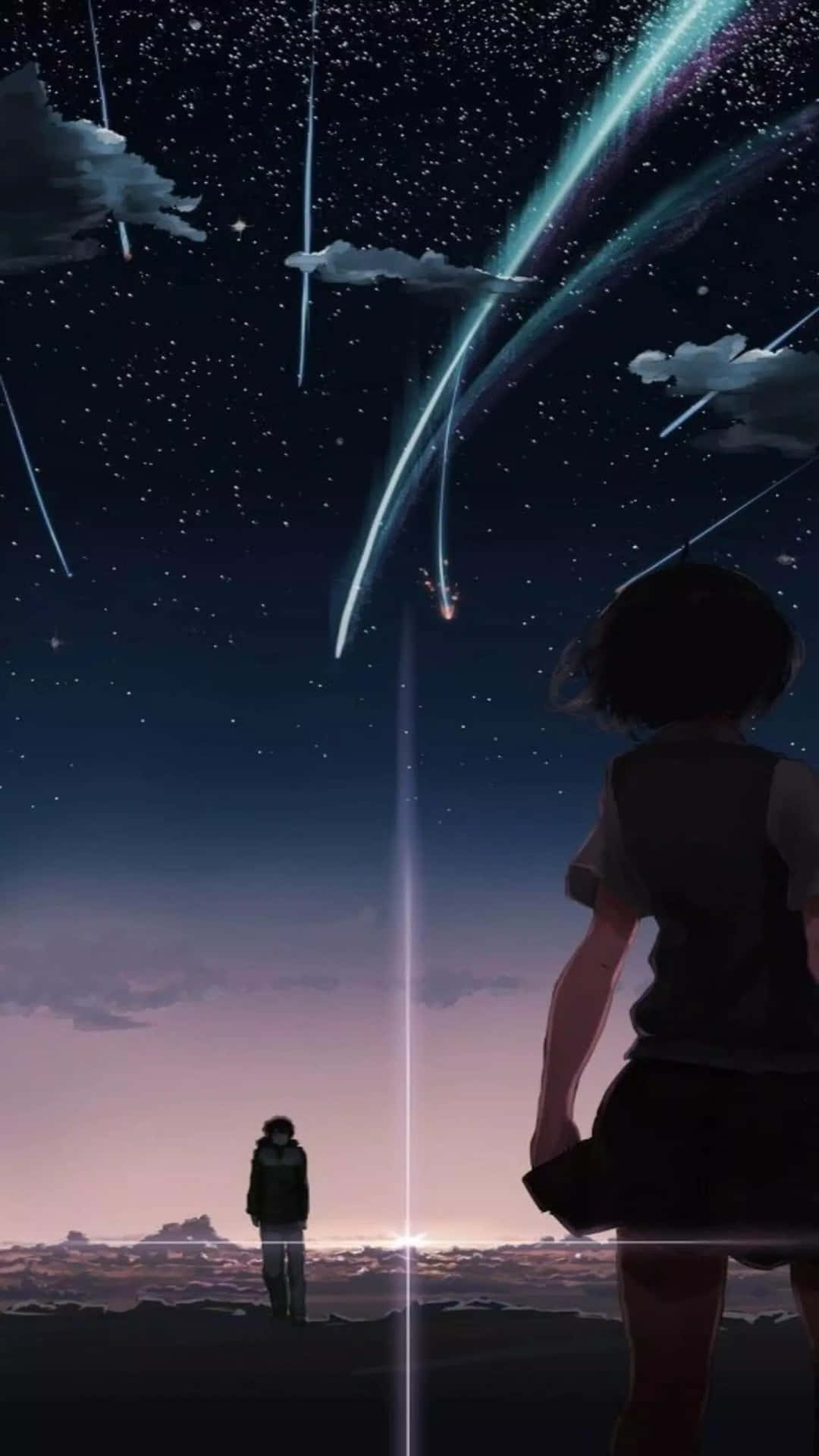 Silhouette 桌布 壁紙 — 一個孤獨的身影仰望星空，流星在遙遠的地平線上空劃過。