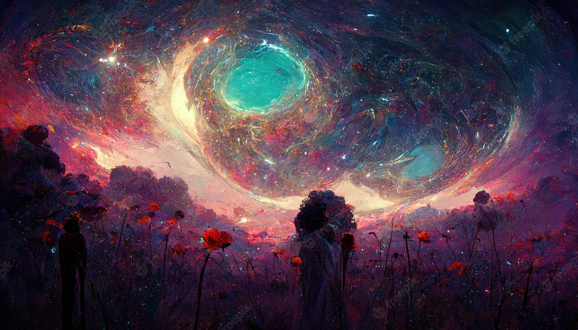 dreamy 桌布 壁紙 — 一個孤獨的身影仰望星空下，在紅色罌粟花田上方旋轉並發出青綠色和洋紅色光芒的宇宙漩渦。