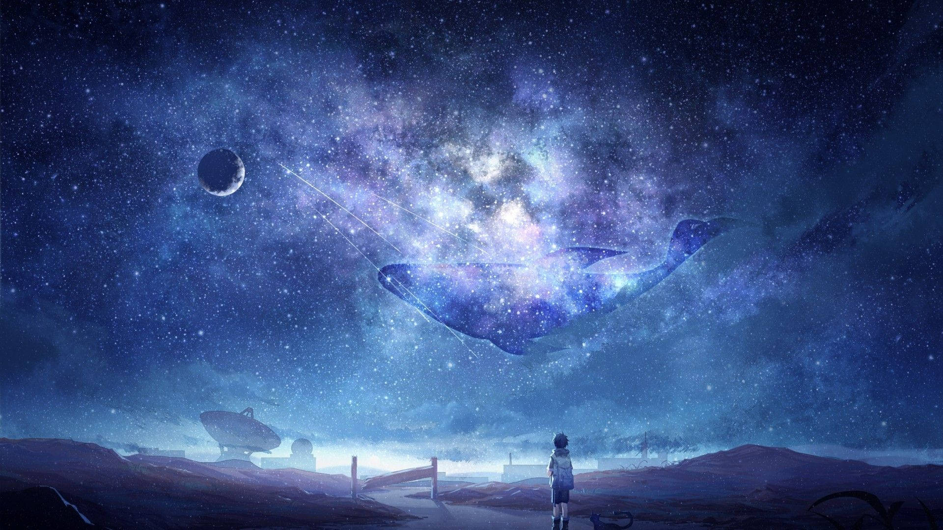 酷炫星系 桌布 壁紙 — 一個孤獨的身影仰望着一條在荒涼外星景觀上方星空中游弋的宇宙鯨魚。