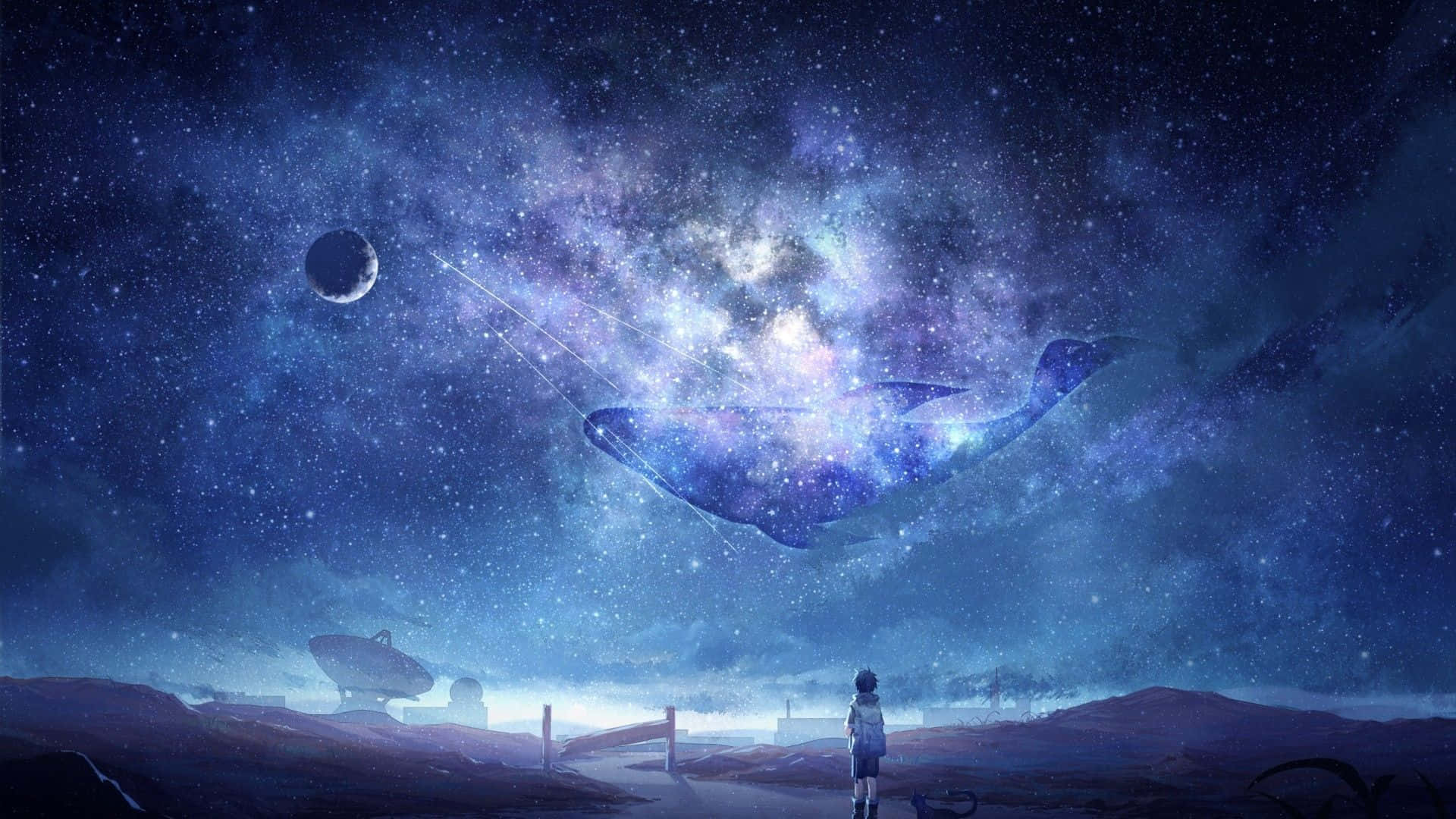 動漫 桌布 壁紙 — 一個孤獨的身影仰望着一條在荒涼外星景觀上方的星際銀河中游弋的宇宙鯨魚。