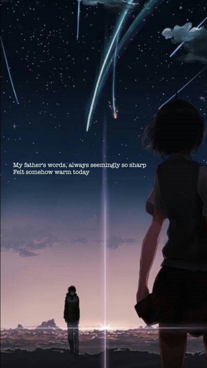 語錄 桌布 壁紙 — 一個孤獨的身影凝視著佈滿流星劃過的星空夜空，而另一個身影則在遠處的風吹海岸上站立。