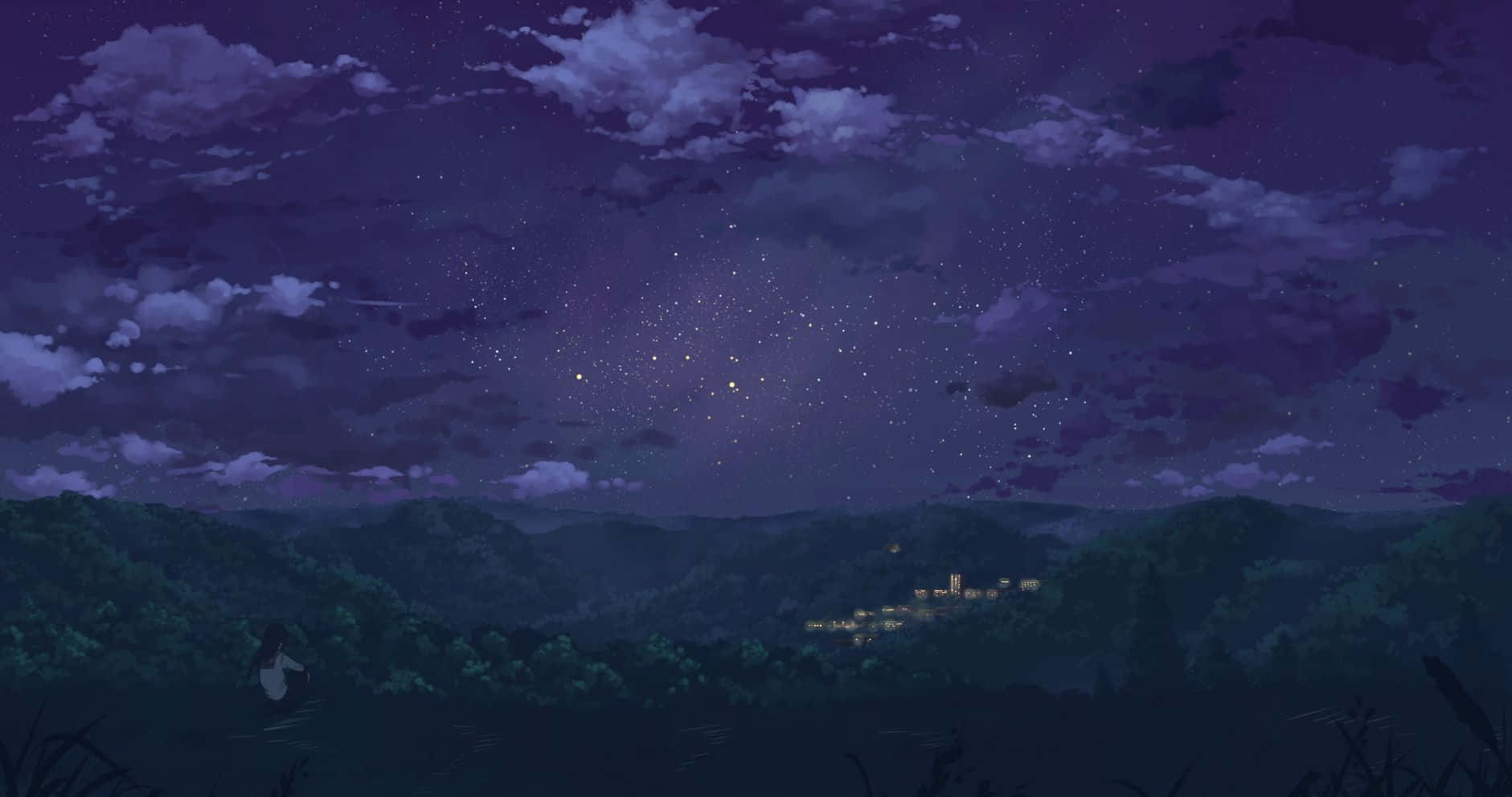 Night Time 桌布 壁紙 — 一個孤獨的身影凝視著星空的紫色夜空，下方是隱藏在陰影山丘中的遙遠村莊。