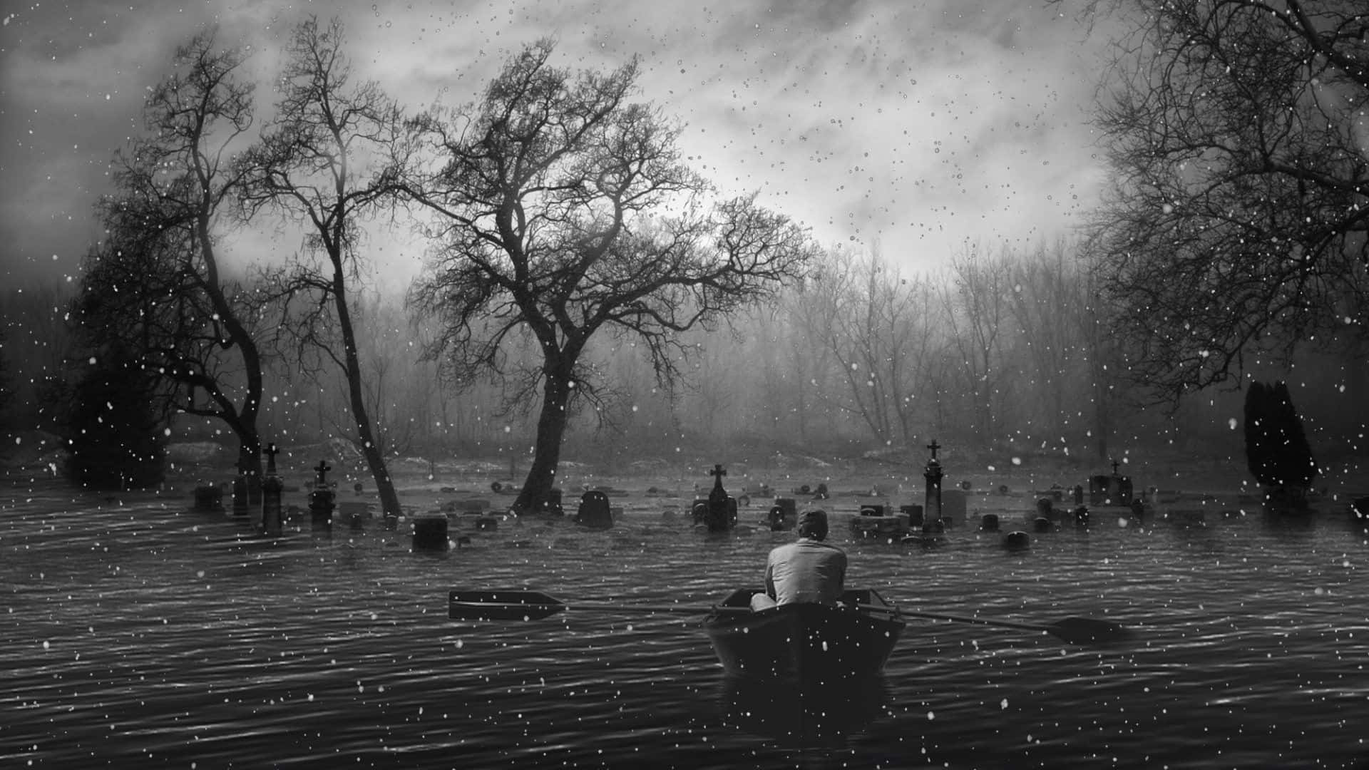 Dark Surrealism 桌布 壁紙 — 一個孤獨的身影划船穿過被洪水淹沒的墓地，天空飄雪，樹木光禿，墓碑林立。