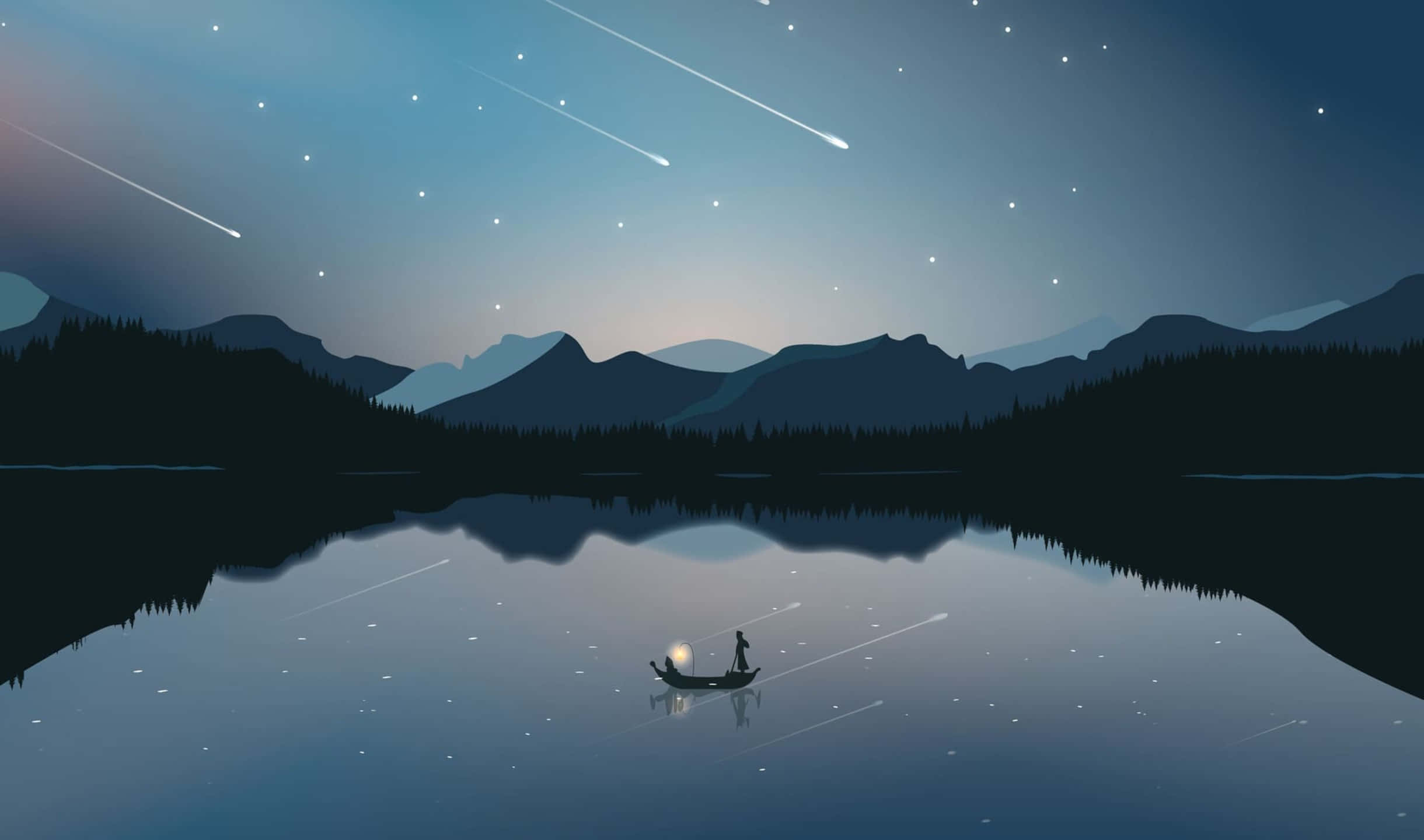 Meteor Shower 桌布 壁紙 — 一個孤獨的身影划著獨木舟，在流星劃過的星空下，平靜的湖面倒映著山巒的輪廓。