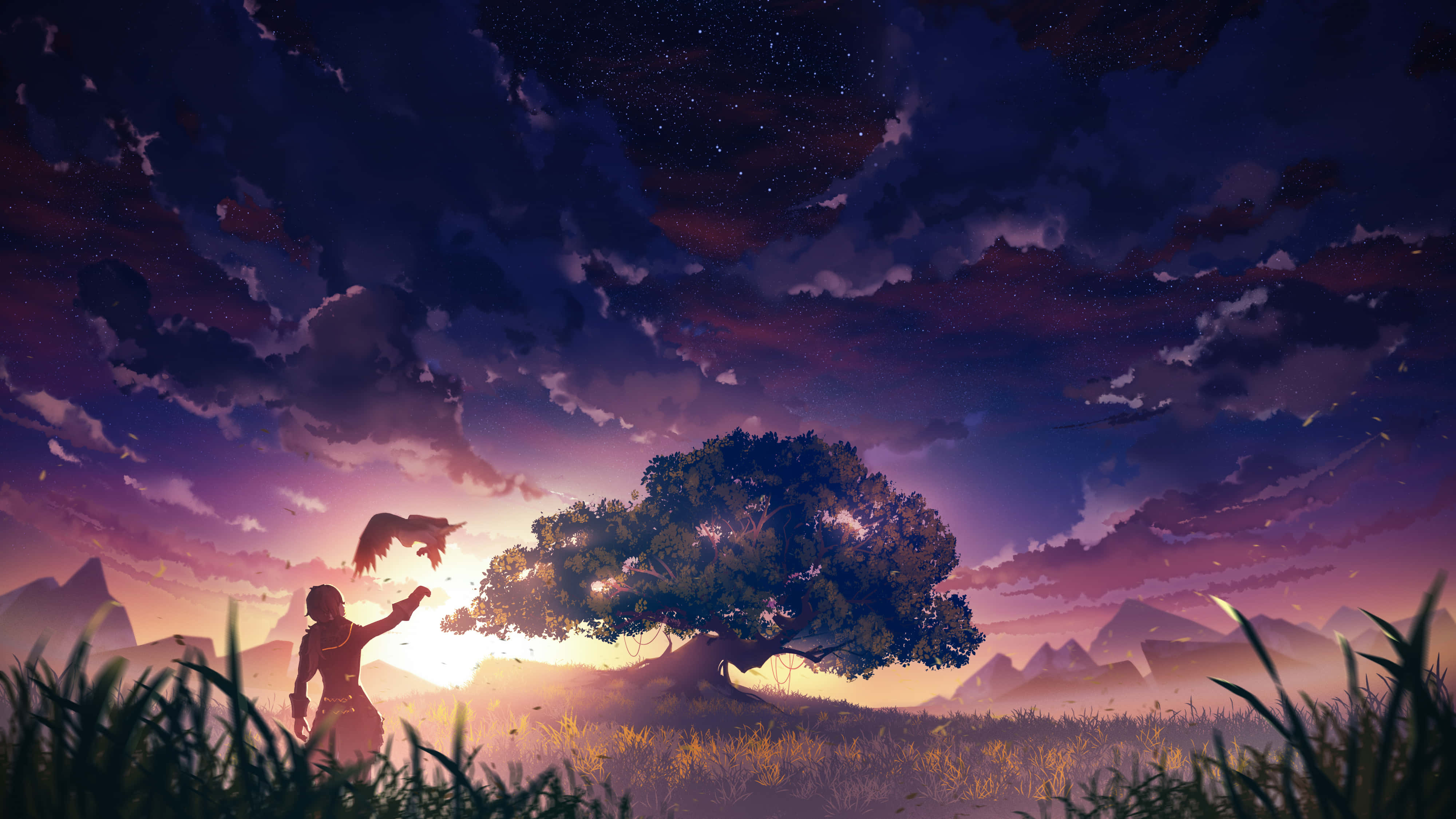 電玩遊戲 桌布 壁紙 — 一個孤獨的身影向一棵發光的樹伸出手，一隻鳥在紫色和金色色調的星空暮色天空下翱翔。
