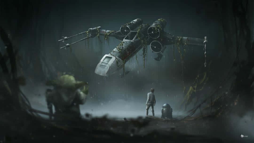 Star Wars X Wing 桌布 壁紙 — 一個孤獨的身影和一個機器人站在一架長滿青苔的X-Wing戰機下方，該戰機懸掛在一個黑暗、霧氣瀰漫的洞穴中。