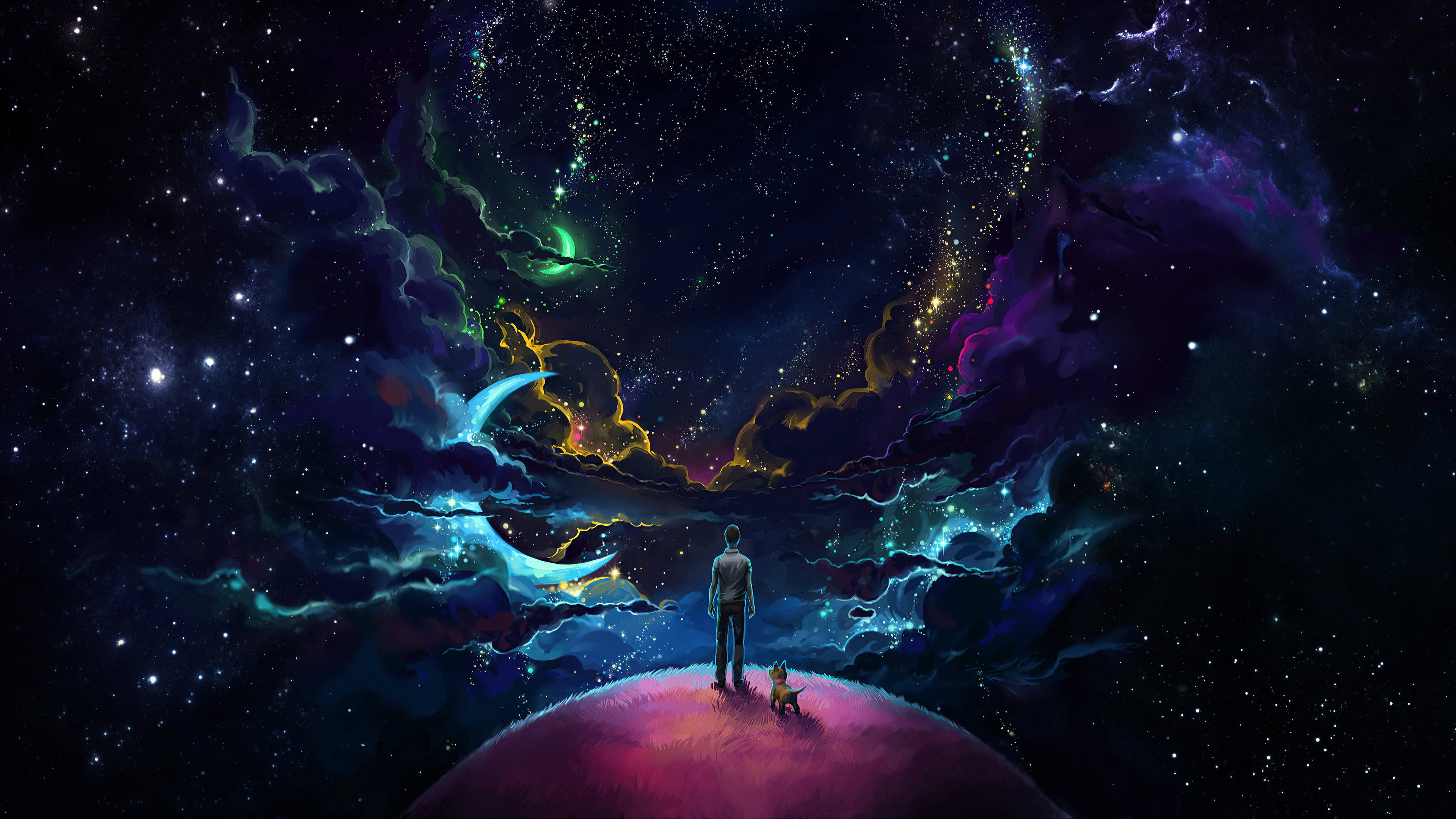 月光 桌布 壁紙 — 一個孤獨的身影和一隻小狗站在一顆發光的行星頂端，凝視著充滿旋轉恆星和彩色氣體雲的充滿活力的宇宙星雲。