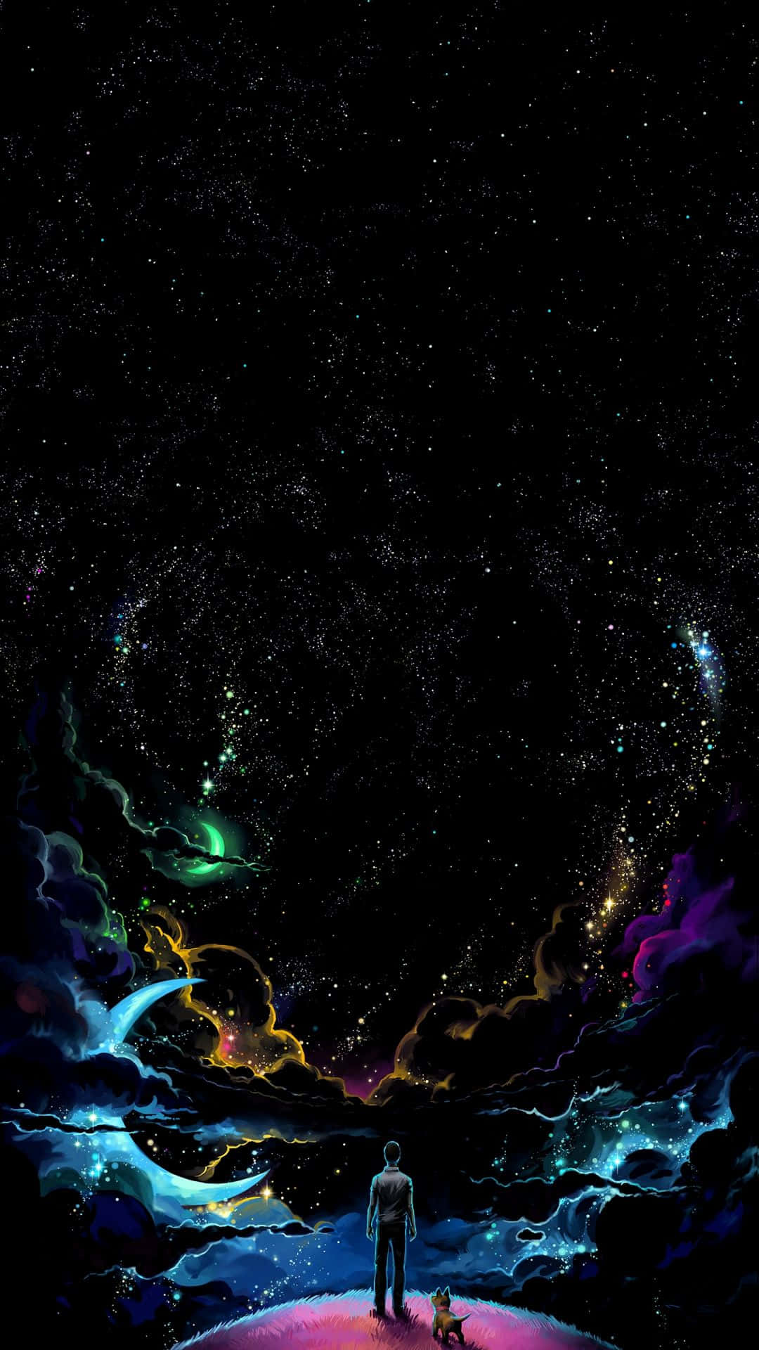 最佳 OLED 桌布 壁紙 — 一個孤獨的身影和一隻小狗站在發光的星球上，仰望廣闊的星空，有旋轉的宇宙雲和彎月。
