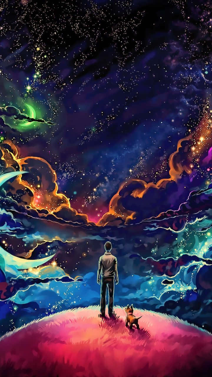 720x1280 桌布 壁紙 — 一個孤獨的身影和一隻小狗站在發光的山頂上，凝視著充滿星星、星雲和漩渦雲彩的充滿活力的宇宙天空。